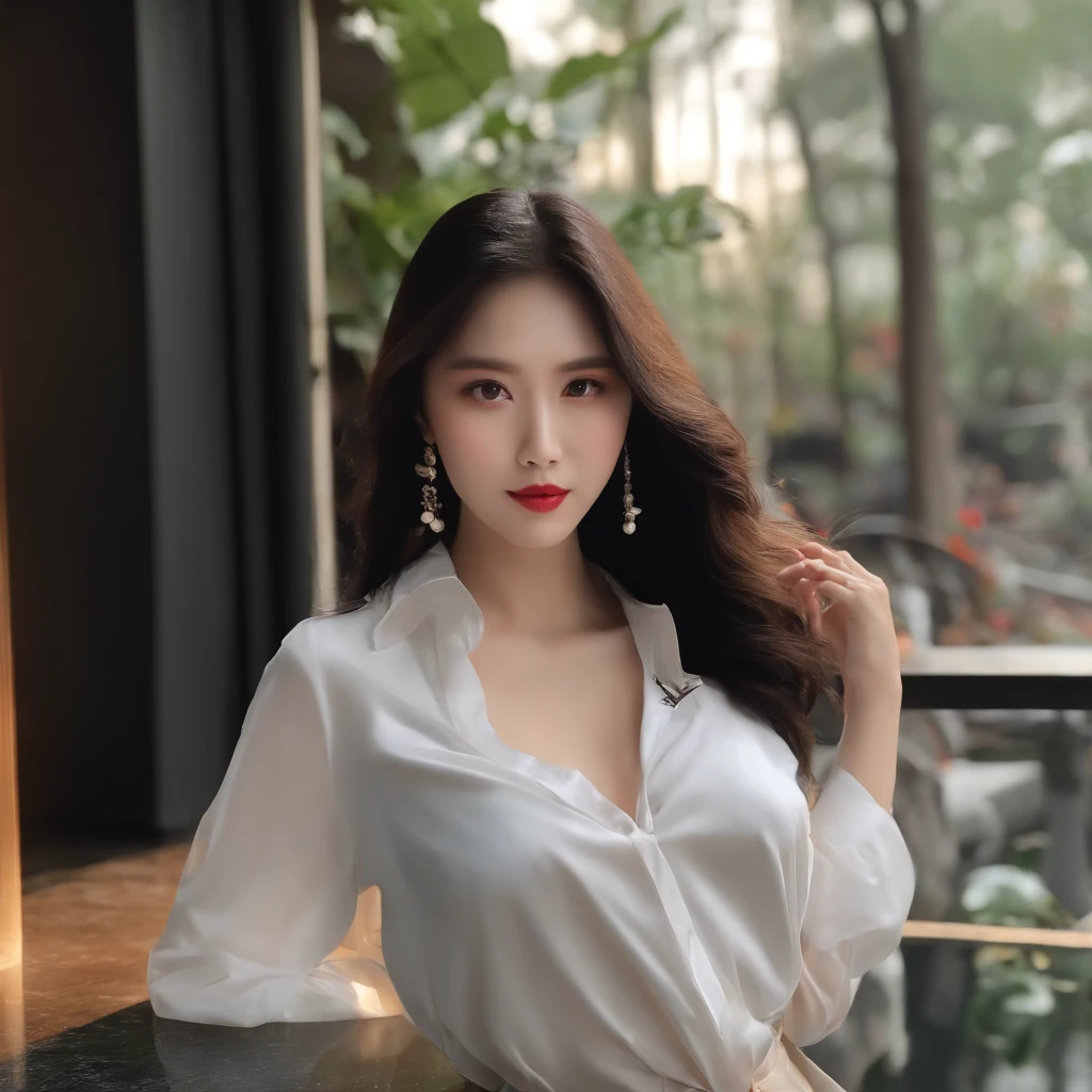 ((beste-Quality、8K、A masterpice：1.3))、Crisp focus：1.2、Beautiful Woman with Perfect Style：1.4、Slender abs：1.2、((Dark  hair、large tits：1.2))、(White button-up long shirt:1.1)、Street:1.2、Highly detailed facial and skin texture、Detailed eye、二重まぶた、a club、The chest is boldly open、long-hair