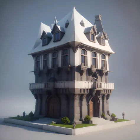(3d fantasy building, low-poly render, only white) gray background, simple shading, front-view