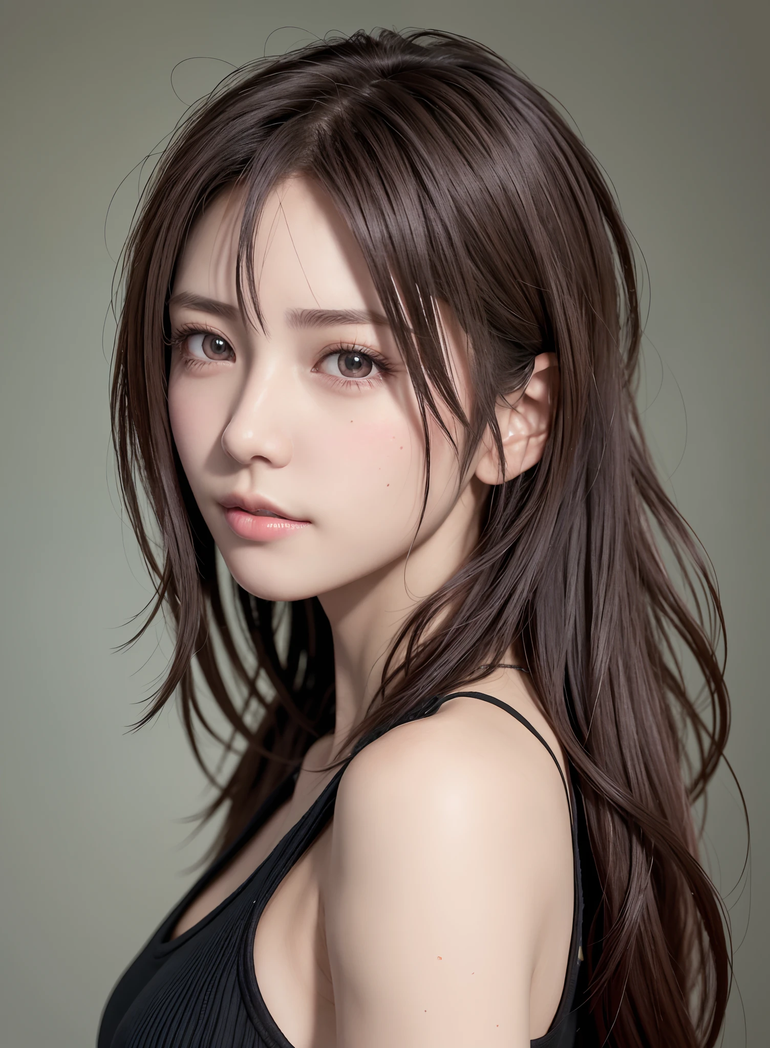 high quality picture, masutepiece, detailed hair texture, Detailed skin texture, Detailed Cloth Texture, 8K, Add fabric details, ultra detailed skin texture, ultra detailed photographic, Skin pores, Portrait of a girl, wearing tank top,