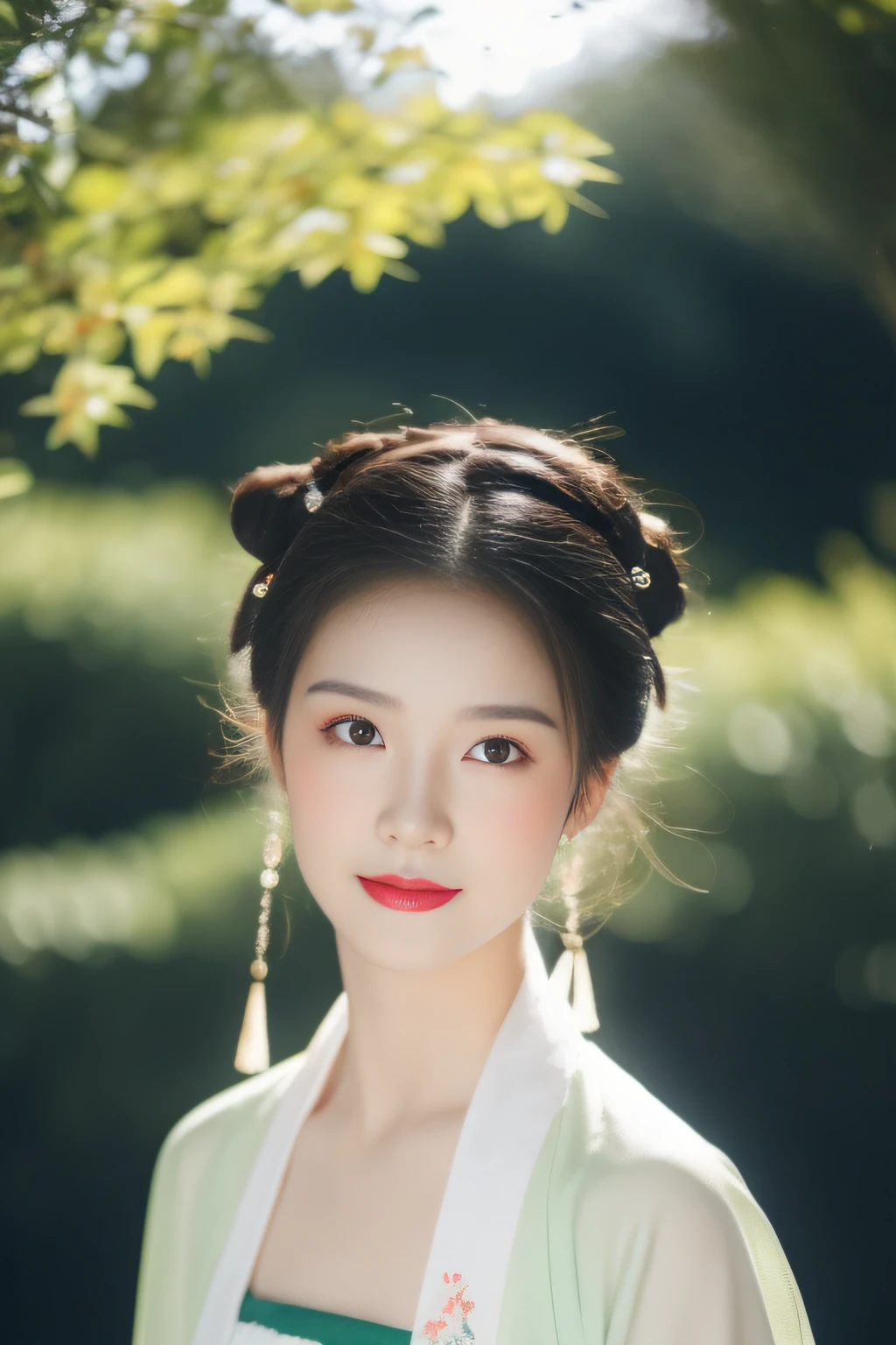 Under the sunlight, Hanfu women, White Hanfu, Portrait photo of the upper body, Hairpins, hair-bun, Green trees, Clear sky, Bridge overhangs, Dreamy, Bouguereau reports, trending on artstationh, Exquisite facial features style, Close-up photo style, 8K, k hd, Superior quality, realistic sense, First-person perspective, orthofacial，looking at viewert，flashing lights,