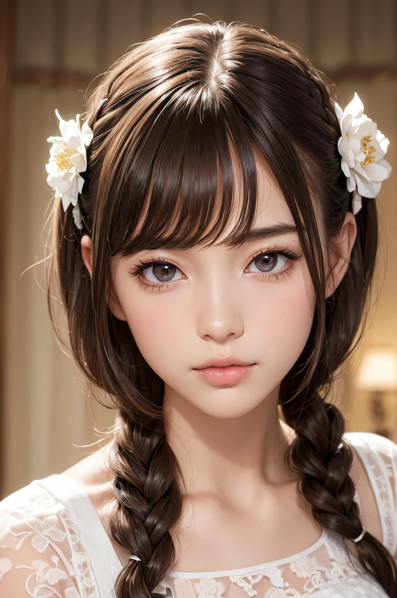 (masutepiece:1.3), High resolution, ultra-detailliert, the Extremely Detailed CG Unity 8K Wallpapers, Realistic, Photorealsitic, Raw photo, beautifull detailed face, pale skin, realistic glistening skin, Detailed Cloth Texture, detailed hair texture, Perfect body, Beautiful face, acurate, Anatomically correct, Highly detailed face and skin texture, Natural neck length, (Fair skin:1.2), thin legs, Thin feet, (Aligned teeth:1.1), Sweaty skin, BREAK, Detailed eyes, symmetrical eye, Light brown eyes, Double eyelids, Thin eyebrows, (Sleepy eyes:1.1), (Glossy lips:1.4), (Mouth waiting for a kiss:1.2), (blush:1.2), (Small hair accessories that sparkle:1.1), BREAK, (classy girl:1.3), (Wearing (doress:1.2) With a white floral pattern), BREAK, ((Close Up Shot:1.2)), medium breasts, Slender figure, Firm abs, ((up do hairstyle, Dark blonde hair, Wavy Hair, Long hair:1.1)), ((asymmetric bangs:1.2)),