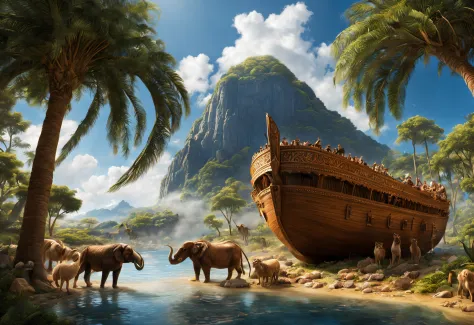 best quality,4k,8k,highres,masterpiece:1.2,ultra-detailed,realistic:1.37,noah's ark,illustrated,ancient,wood-carved,life-sized,i...