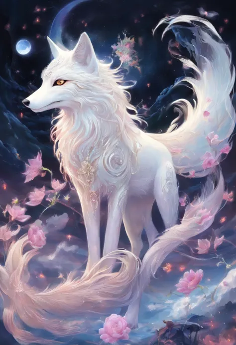 Chinese mythology，white fox，（（（Nine Tails））），moutains，Moon Night，tmasterpiece，Best picture quality，super-fine，Super magical，ultra - detailed，8K分辨率，OC renderer，dynamic viewing angle