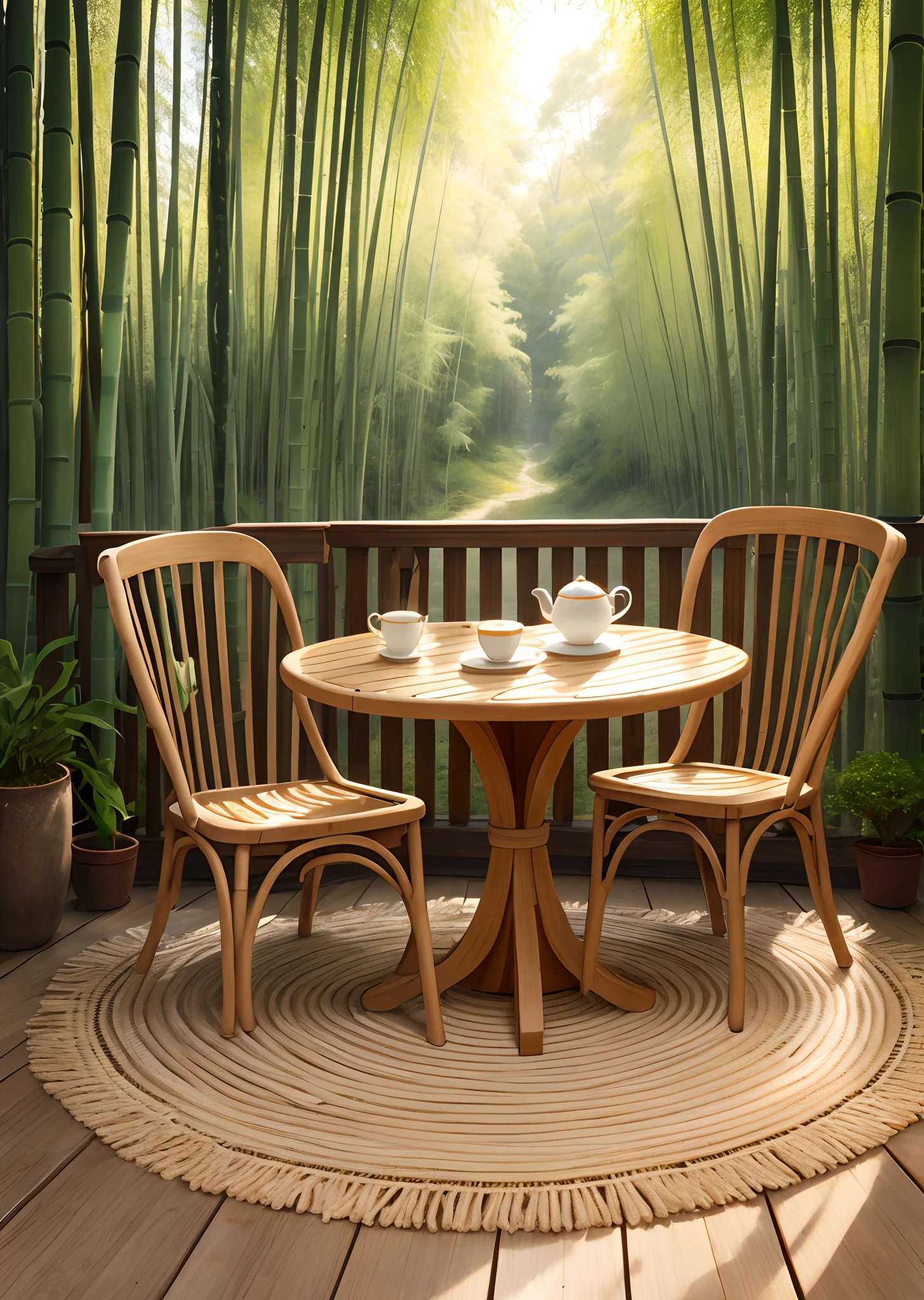 Tisch aus Bambusgeflecht，Teetasse，Sonnenstrahlen