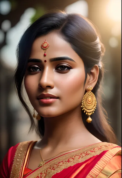 young Indian girl, 18-year-old, red top, gentle lighting, intricate ...