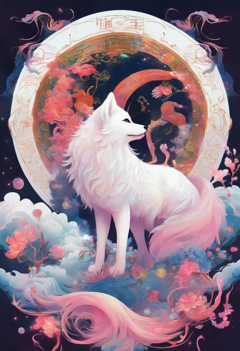 A painting of a white wolf with pink hair and a moon SeaArt AI