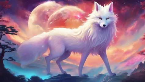 Chinese mythology，Huge white fox，Thick clouds，（（（Nine tails））），moutains，themoon，tmasterpiece，Best picture quality，super-fine，Super magical，ultra - detailed，8K分辨率，OC renderer，dynamic viewing angle