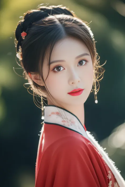 Snowy days, Hanfu women, (red color Hanfu), Portrait photo of the upper body, Hairpins, hair-bun, Green trees, Clear sky, Bridge...