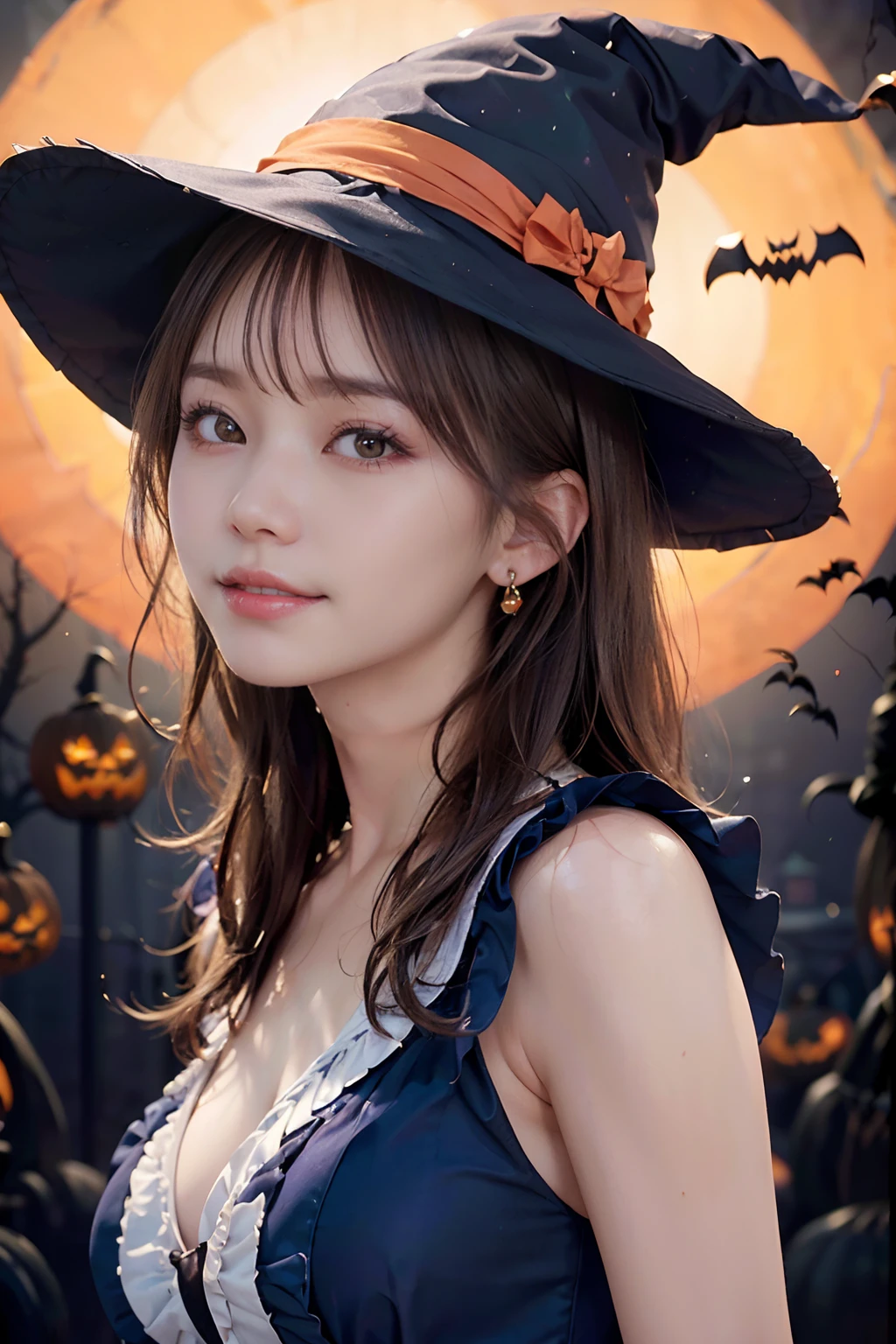 ( masutepiece,Best Quality:1.4),(8K,Raw photo,photographrealistic:1.4), 超A high resolution, (Shiny skin),Detailed skin,(very detailed face and eyes),Eyes with beautiful details,a Pretty Japanese woman,Beautiful face,Smile,( Upstyle:1.2),Earring,profetional lighting,( (Detailed Halloween costumes with frills,Witch Hat:1.3),(model poses:1.3),(Detailed background:1.2)