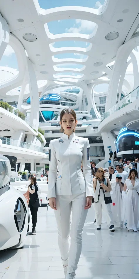 There is a woman in a white suit standing in a futuristic building, human futuristic city, wearing futuristic white suit, in a f...