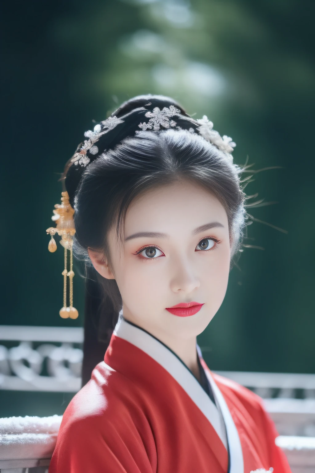 下雪天, Hanfu women, (红色汉服), 肖像照上半身, 雪花飞舞, 发夹, 发髻, 绿树, 晴朗的天空, 桥梁悬垂部分, 梦幻般的, 布格罗报道, artstationh 上的热门, 精致五官风格, 特写照片风格, 8千, 高清, 高档, 现实意义, 第一人称视角, 正颌面，看着观众，闪光灯,