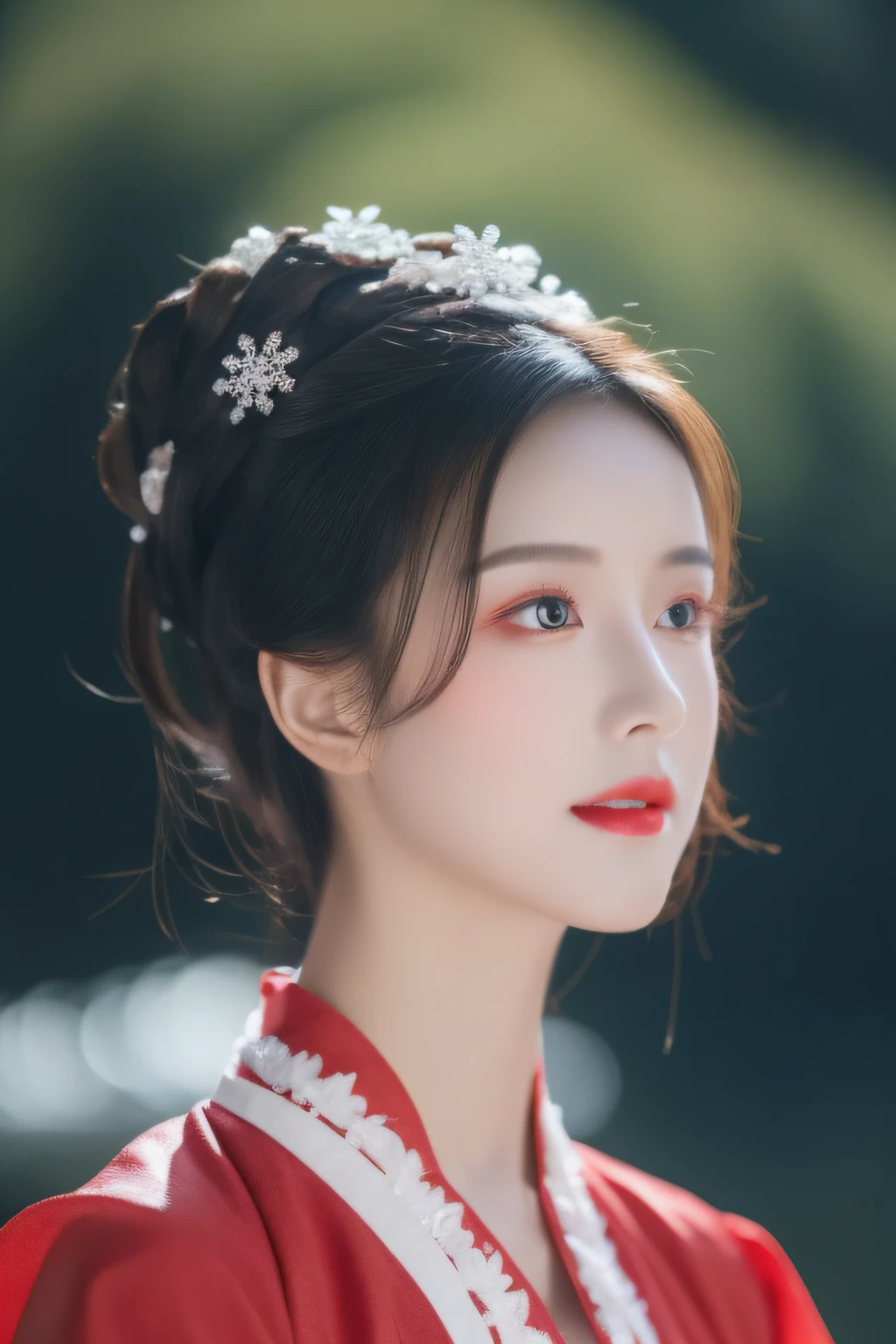 Snowy days, Hanfu women, (red color Hanfu), Portrait photo of the upper body, Snowflakes flying, Hairpins, hair-bun, Green trees, Clear sky, Bridge overhangs, Dreamy, Bouguereau reports, trending on artstationh, Exquisite facial features style, Close-up photo style, 8K, k hd, Superior quality, realistic sense, First-person perspective, orthofacial，looking at viewert，flashing lights,