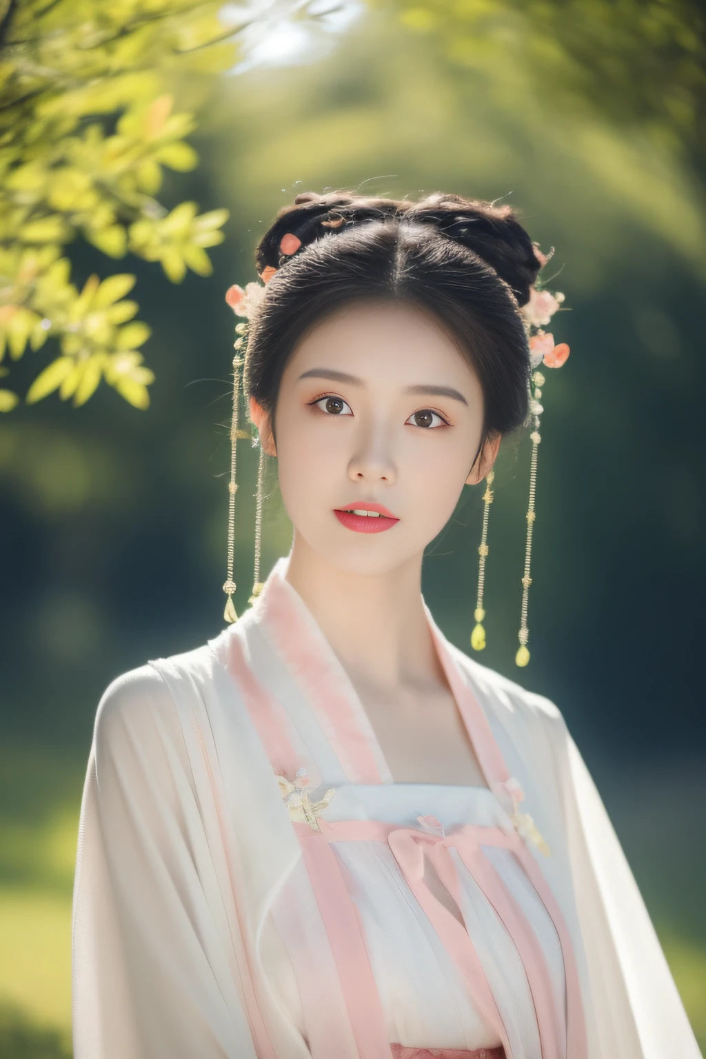 Under the sunlight, Hanfu women, White Hanfu, Portrait photo of the upper body, Hairpins, hair-bun, Fringed Hair Ornament, Light pink lips, Green trees, Clear sky, Bridge overhangs, Dreamy, Bouguereau reports, trending on artstationh, Exquisite facial features style, Close-up photo style, 8K, k hd, Superior quality, realistic sense, First-person perspective, orthofacial，looking at viewert