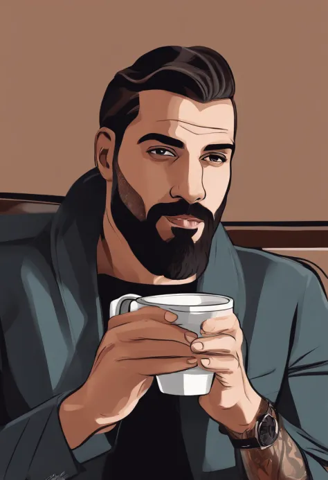 arafed man with a thin beard holding a cup of coffee, inspired by George Morrison, in style of digital illustration, cartoon style illustration, gta art style, character portrait of me, official character illustration, gta character, drake in gta v, as the...