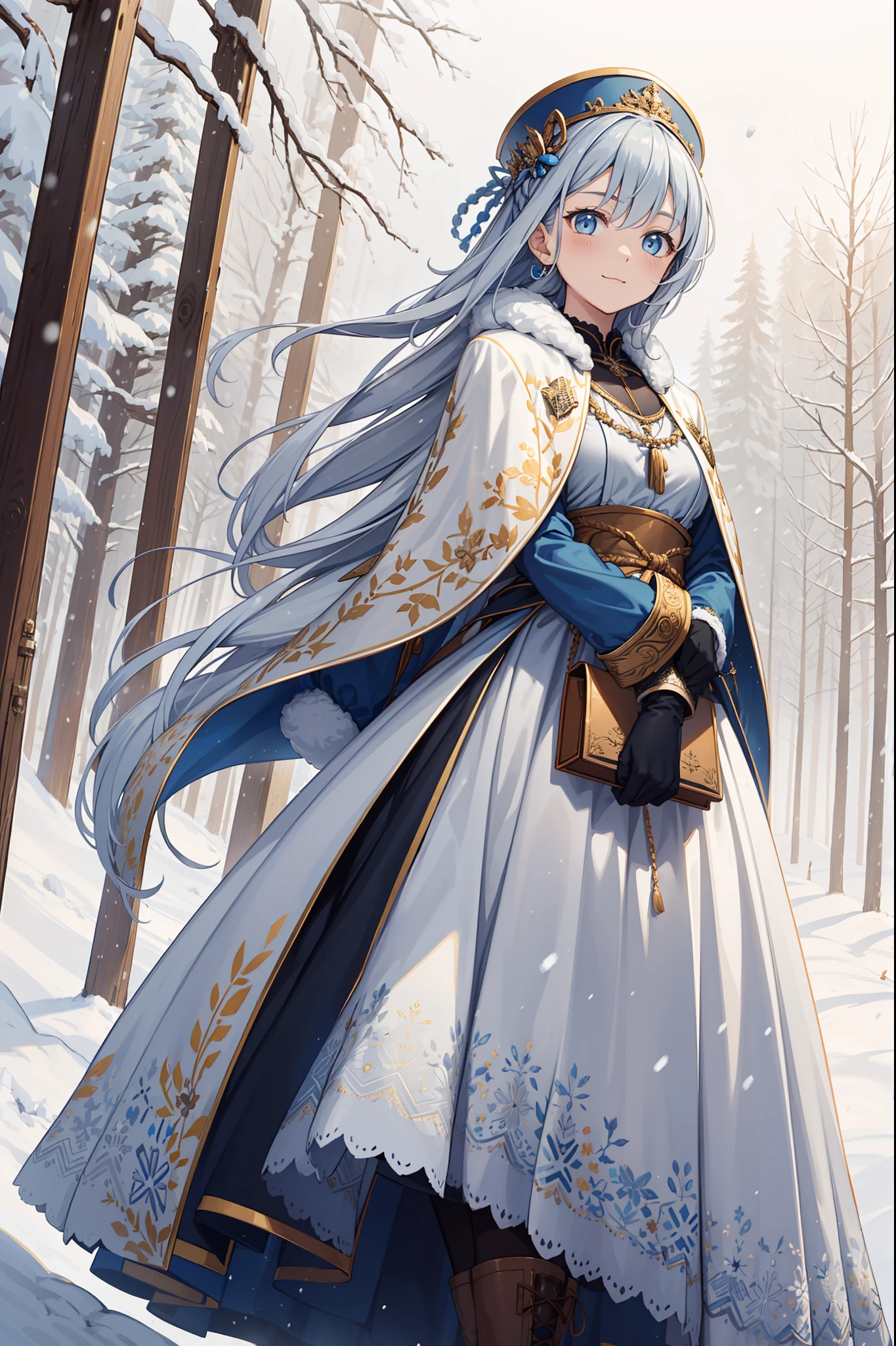 saints，divino，having fun，gentleness，(Military coat:1.1)，Long boots，Long gloves，(Cotton coat)，(Winter hat:1.3)，(Lots of plush:1.1)，down jacket，(Silvery hair:1.1)，eBlue eyeany ornaments made of ice:1.1)，Light gray edges，Light yellow pattern，Sacred motifaximalism，Ruffles，Lace，Delicate embroidery，Delicate pattern，(exquisite costumes)，The background is the cold earth，solo person，Beautiful detailed face，(Wind and snow hit:1.1)，Enchanted