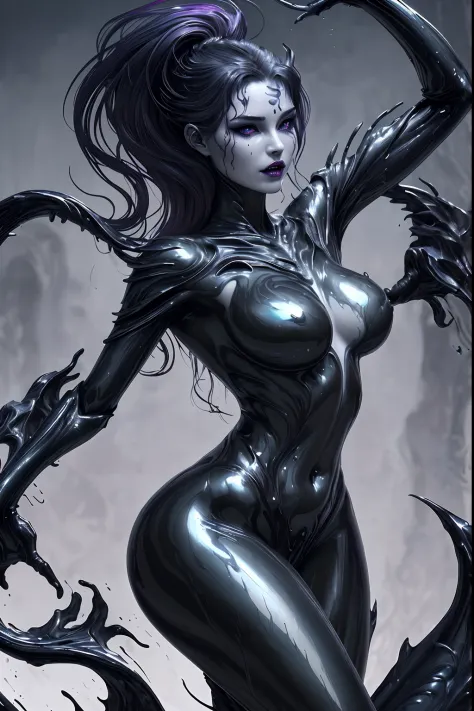 (Storyboard), Liquid lady, liquid queen, arcane liquid fluid fighting stance, sexy, alluring, erotic,( body formed from mauveine and black liquid metallic paint twisting into a beautiful interpretation of the female figure), long sharp fangs, ((complex met...
