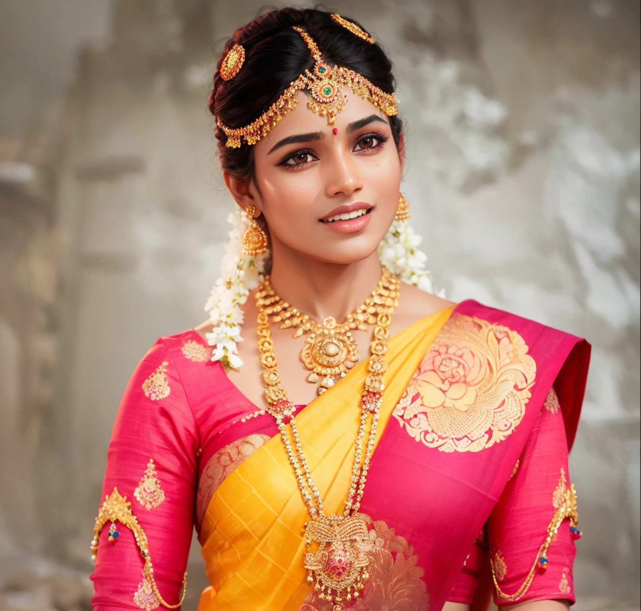 tamil nadu hindu girl, 25-year-old, traditional dress, gentle sun lighting on face , intricate facial details, flawless complexion, top-notch 3D rendering, hyper-realistic, shot on hilly road. photorealistic digital art trending on Artstation 8k HD high definition detailed realistic, detailed, skin texture, hyper detailed, realistic skin texture, armature, best quality, ultra high res, (photorealistic:1.4),, high resolution, detailed, raw photo, 400 camera f1.6 lens rich colors hyper realistic lifelike texture dramatic lighting unrealengine trending on artstation cinestill 800