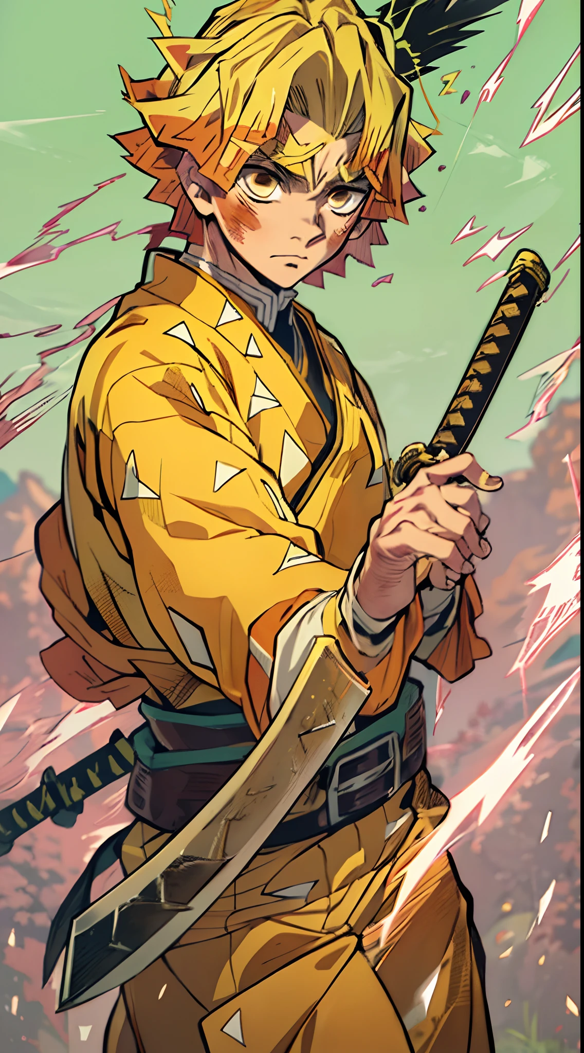 Zenitsu Agatsuma, a character from the Demon Slayer series, poised to draw his katana, a look of intense concentration in his eyes, gazing forward with nervous anticipation, slightly leaning forward, dressed in vibrant electric yellow attire, the atmosphere charged with lightning,