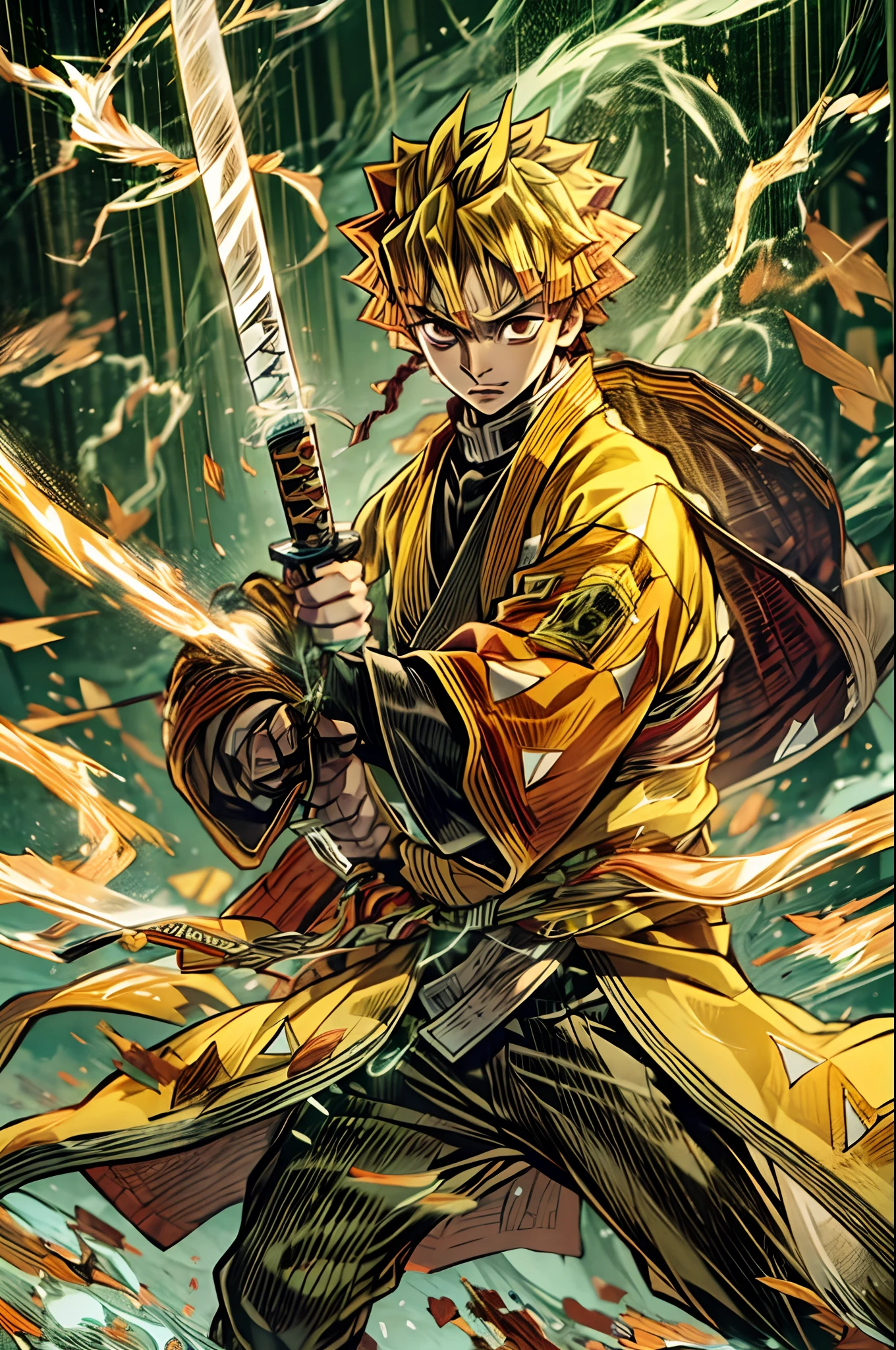 Envision Zenitsu Agatsuma, a character from the world of Demon Slayer, poised to unsheathe his katana, his eyes locked on an unseen adversary, his body leaning slightly forward, dressed in a striking electric yellow robe, the air around him crackling with electricity, a sense of tension in the environment, Realistic Illustration, with intricate attention to lighting and texture,