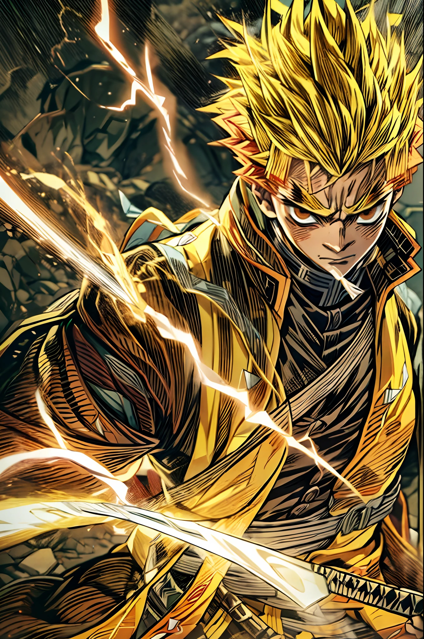 Envision Zenitsu Agatsuma, a character from the world of Demon Slayer, poised to unsheathe his katana, his eyes locked on an unseen adversary, his body leaning slightly forward, dressed in a striking electric yellow robe, the air around him crackling with electricity, a sense of tension in the environment, Realistic Illustration, with intricate attention to lighting and texture,