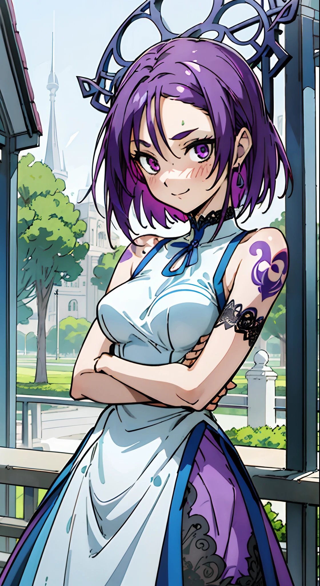 Colorful, Up-close, purple color  hair, Ultra-realistic hair quality, Vibrant colors, Young Girl, 14years old girl, Beautiful long hair, Shiny hair, detailed hairs, Hair Ribbon, Single-sided up, Reo Mikage, Blue Lock, no sleeves, Sleeveless, Open shoulders, Cinderella, Camisole and cheongsam, Cinderella in panniers and cheongsam, Cinderella Dresses and Cheongsam Dresses, Lace dress, long-one-piece dress, White stockings, Chest exposure, Lace underwear, Metamorphosis is exposed, Choker, Black Choker, complete fingers, Five Fingers, Two arms, The tattoo, body tattoo, arm tattoos, Blue Rose Tattoo, Tattoo on the wrist, Relative area, Sexy breasts, Big breasts, red blush, 1girl in, Solo, Sharp face, Heterochromia, Green eyes, Purple eyes, Bare neck, Happy face, lightsmile, Skirt in dress, Panniers in dresses, Scenery of Shanghai, Castles, masutepiece, Ultra-detailed, Hyper-detailing, Best Quality