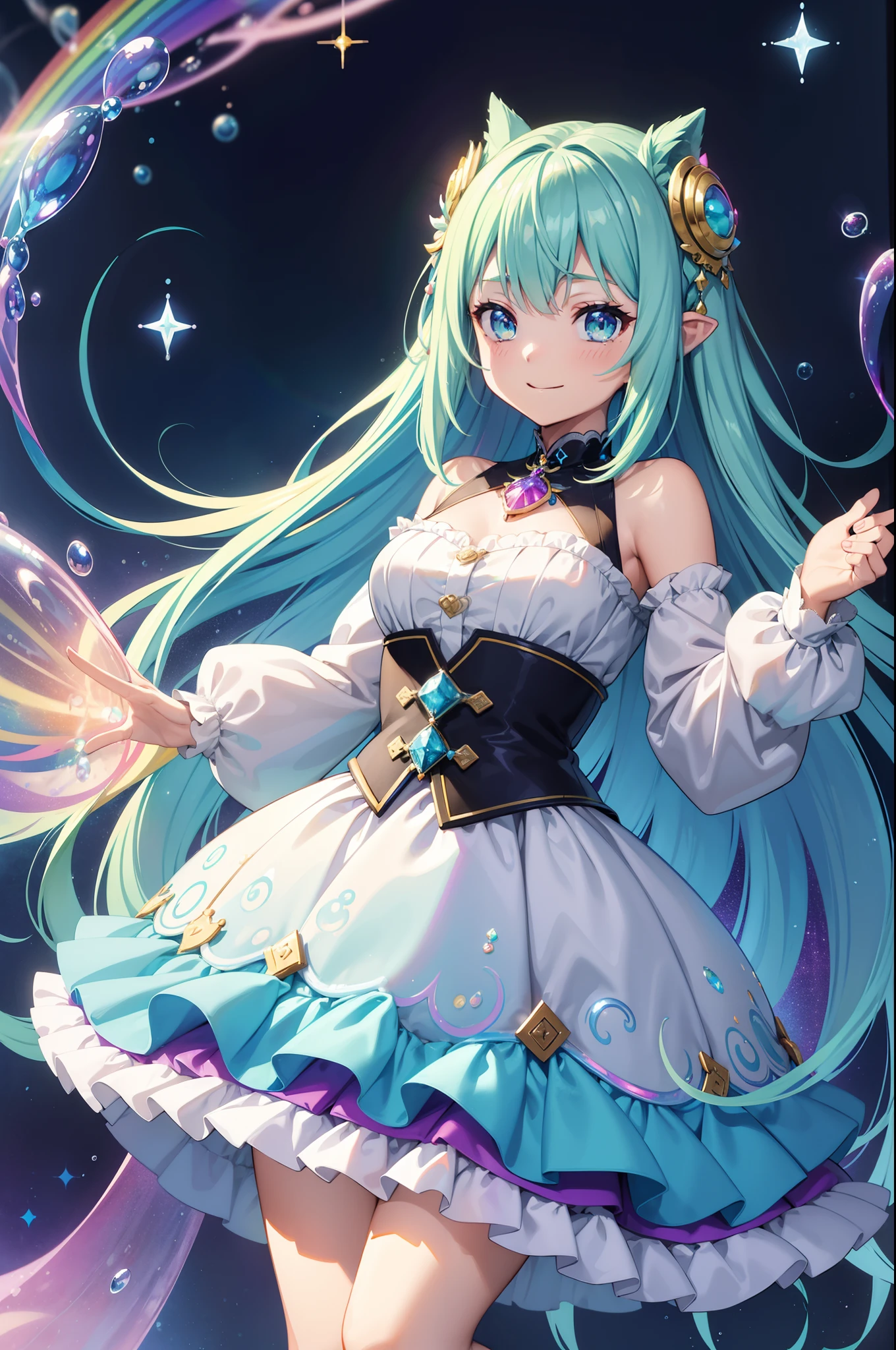 masutepiece, Best Quality, Intricate details,Beautiful Girl, Light blue long hair, Twin-tailed, A charming smile, Sparkling eyes, Otherworldly liquid fantasia background, watercolor paiting, bright vivid colors, capricious, Colorful, Layered Tiered Puffy Long Sleeve Ball Gown, ((iridescent rainbow bubbles))