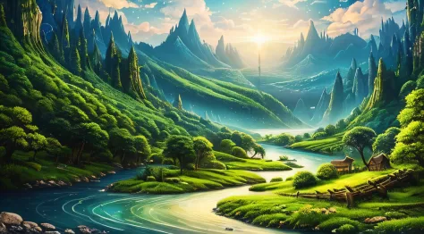 Illustration of a hyperrealistic , otherworldly, ultrasky scene featuring a very detailed Luscious green valley with a river and magical forests , intricate forest details, vegetation and river, solarpunk ,landscape, giant tree, beatifull leafy with beauti...