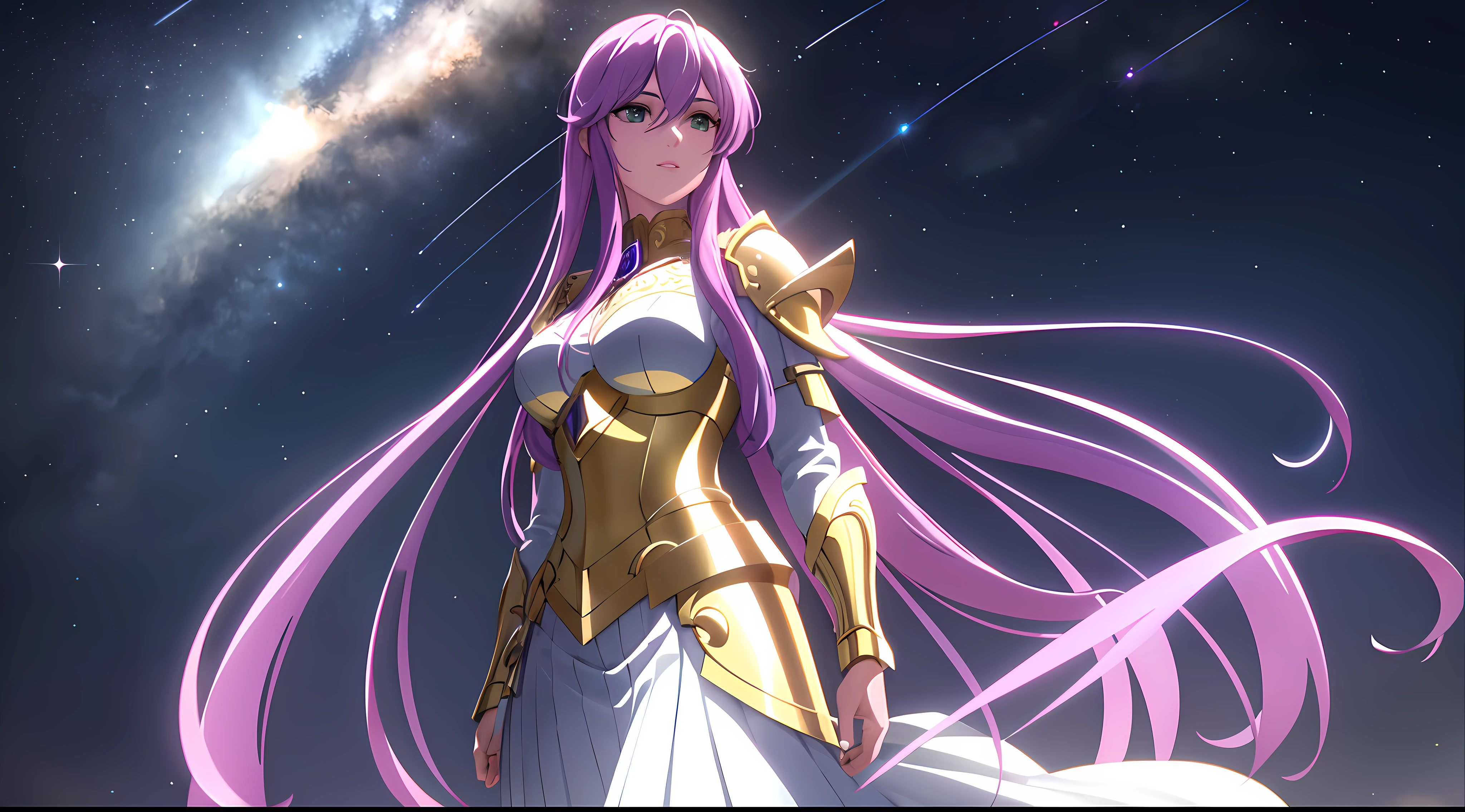 Athena with plain long light purple hair,hair between eyes,green eyes,rosy cheeks,full lips,thin eyebrows,slender body,golden armor and skirt,cute anime girl,full body,night sky with stars,anime style,Lumen Reflections,Screen Space Reflections,Diffraction Grading,Chromatic Aberration,GB Displacement,Scan Lines,Ray Traced,Anti-Aliasing,FXAA,TXAA,RTX,SSAO,Shaders,OpenGL-Shaders, GLSL-Shaders,Post Processing,Post-Production,cell Shading,Tone Mapping,CGI,VFX,SFX,insanely detailed and intricate, 4K,standing, solo, masterpiece, best quality, detailed face, detailed eyes, highres, standing, solo, large_breasts, masterpiece, best quality