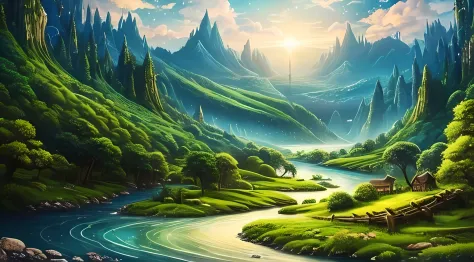 Illustration of a hyperrealistic , otherworldly, ultrasky scene featuring a very detailed Luscious green valley with a river and magical forests , intricate forest details, vegetation and river, solarpunk ,landscape, giant tree, beatifull leafy with beauti...