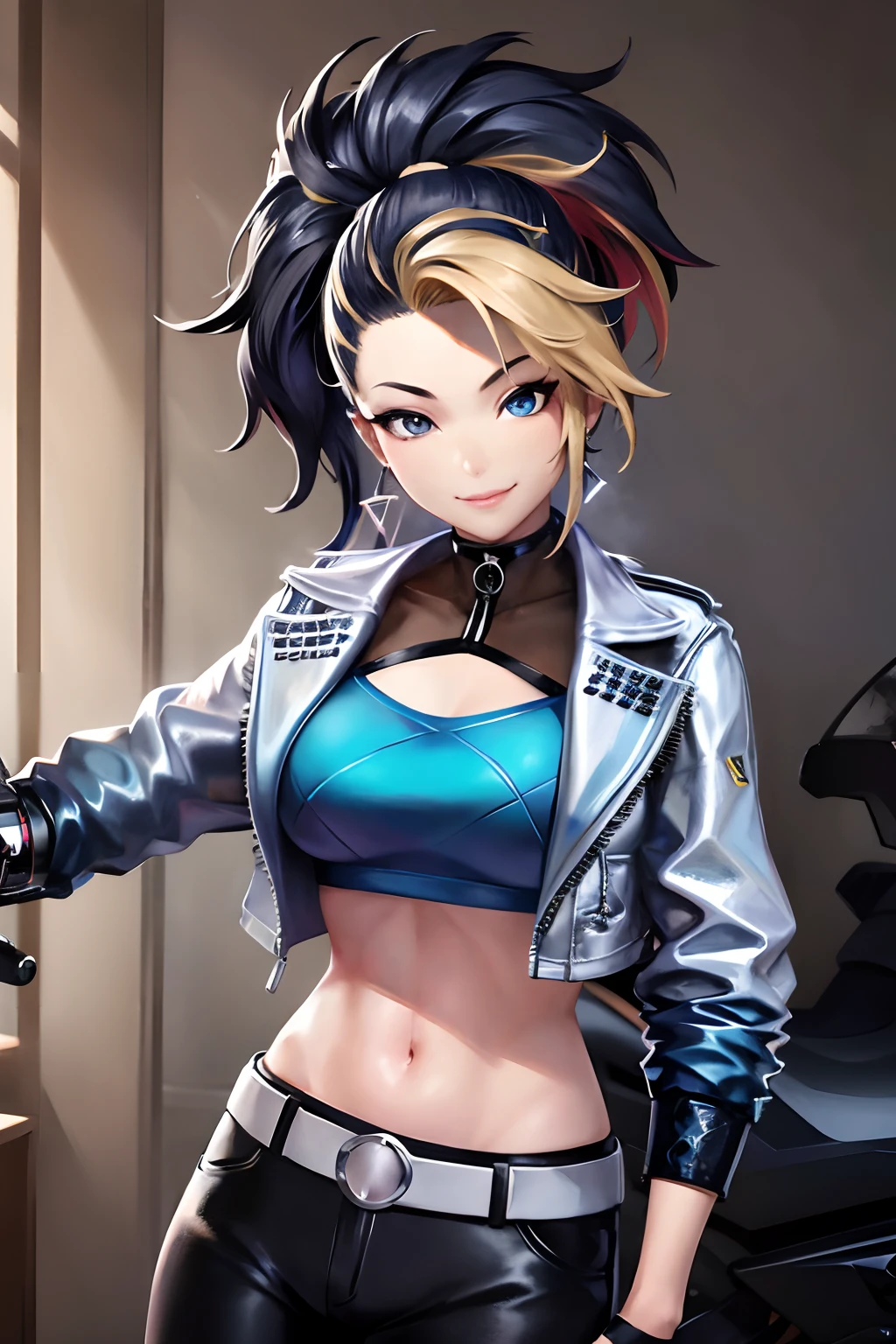 masterpiece, best quality, highres, akali, 1girl, k/da \(league of legends\), solo, (black hair:1.1), blonde hair, (multicolored hair:1.1), jewelry, fingerless gloves, cropped jacket, midriff, earrings, two-tone hair, open jacket, black gloves, black pants, crop top, blue eyes, belt buckle, ponytail, smile, motorcycle, outdoors,