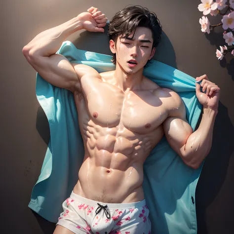 (Photottristic: 1.2, Best Quality, 8k, Sensual: 1.3, Wet: 1.3), (Man, Solo, with hands on the chest), 20-year-old Korean bodybuilder, (sweat: 1.2, wet: 1.2), fine skin, (movie lighting), cherry blossom print kimono, boxer shorts, soft light, (Idol: 1.3) dr...