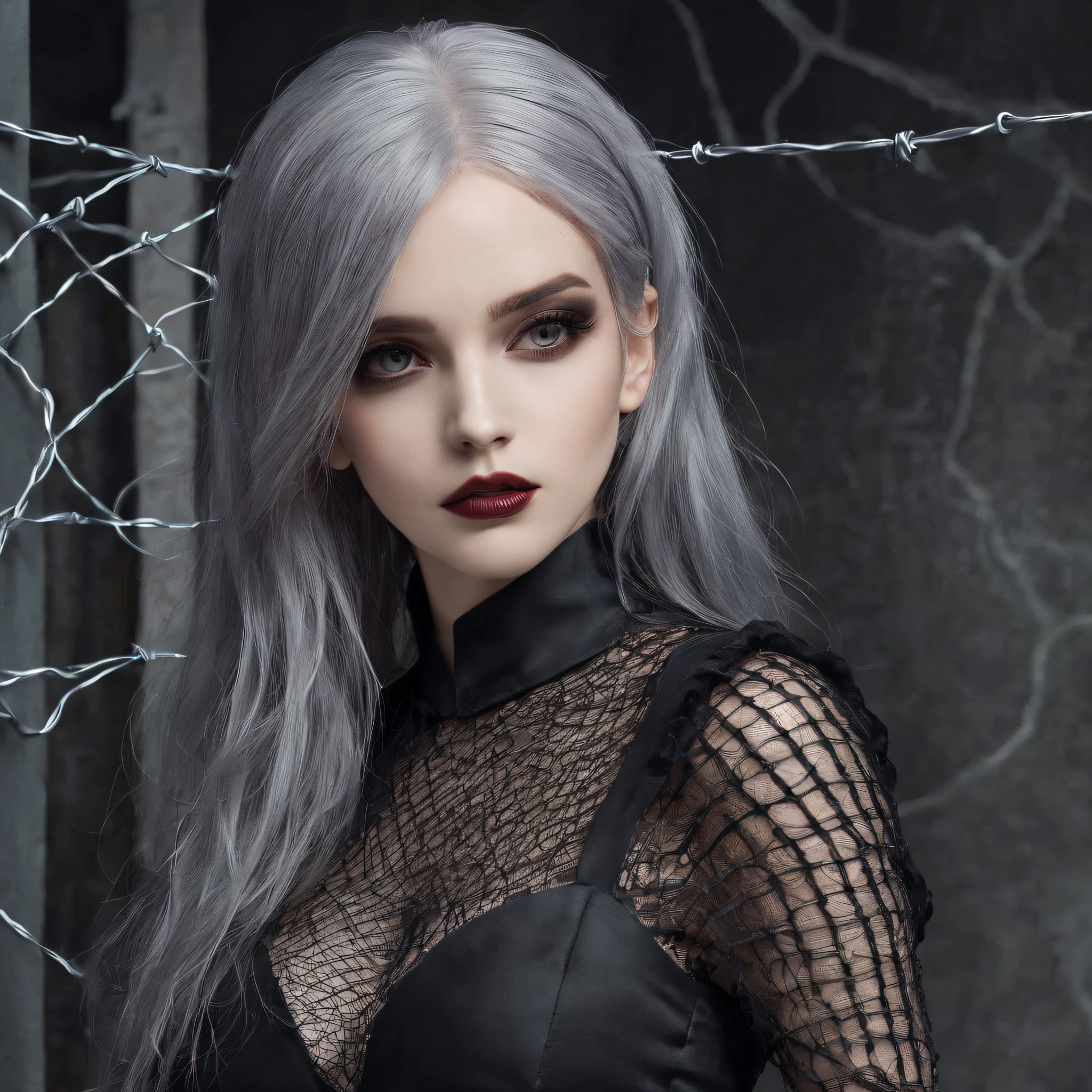 Mädchen in symbolischer Kleidung aus gotischem Netz, 。.。.mit (Stacheldraht für den Körper) brünette Farbe Haar，Graue Haarspitzen