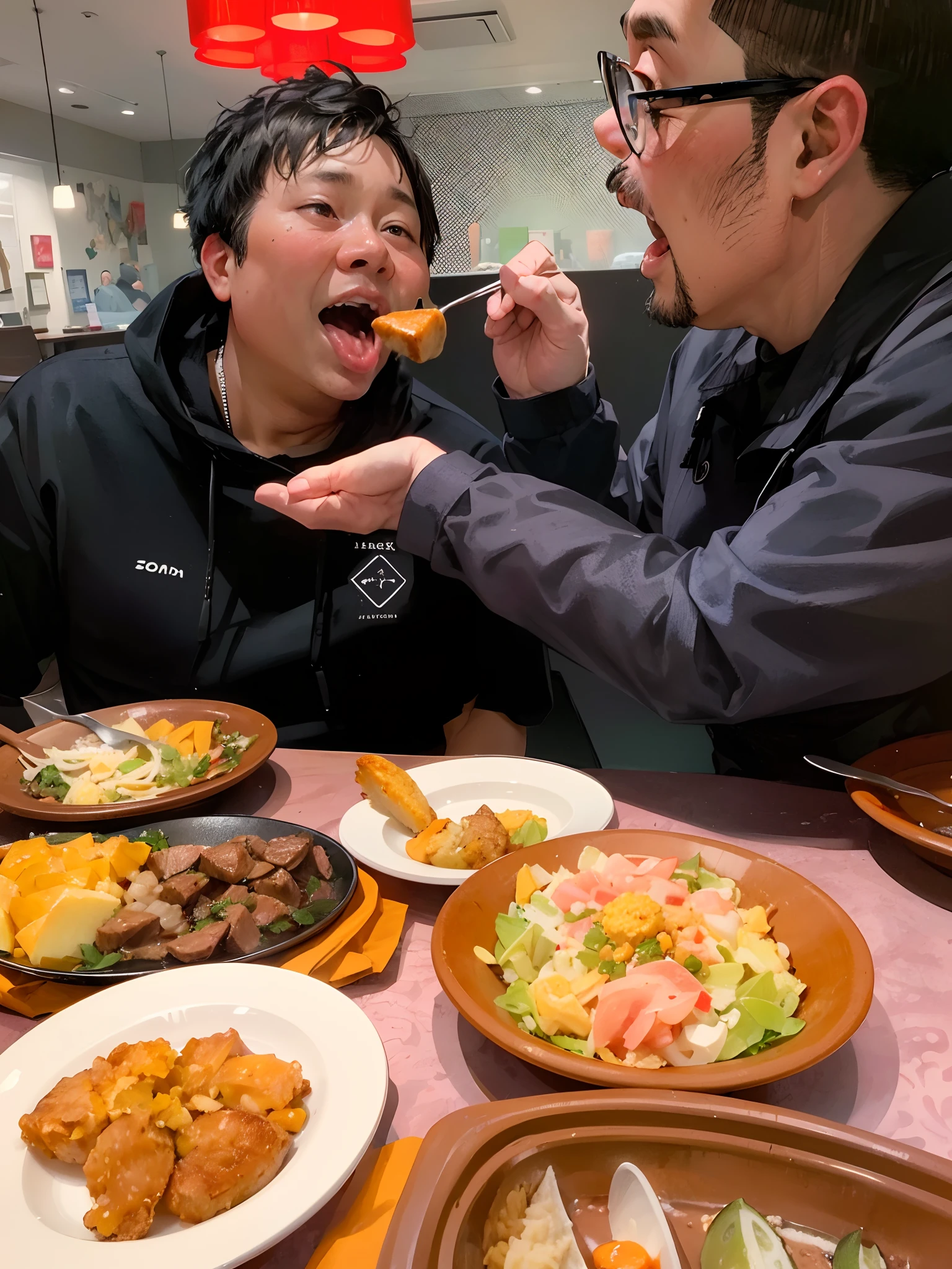 Há dois homens comendo comida juntos em uma mesa - SeaArt AI