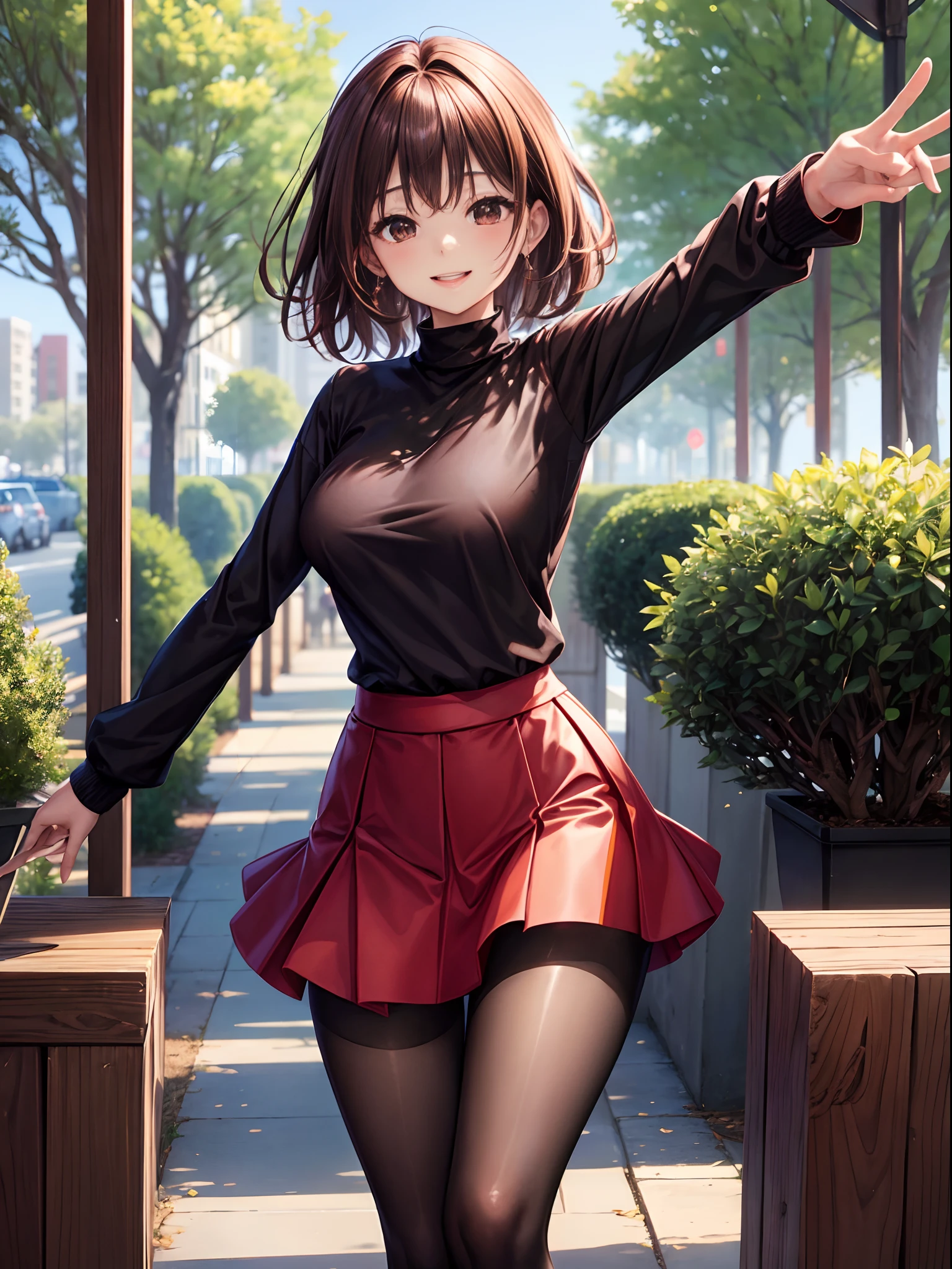 top-quality、Full limbs、complete fingers、Slender beauty、straight haired、Brown hair、((Black Long Sleeve Knit Top))、((Red Mini Flared Skirt))、Brown pantyhose、Beautiful Large Breasts、A big smile、a park、Frolicking