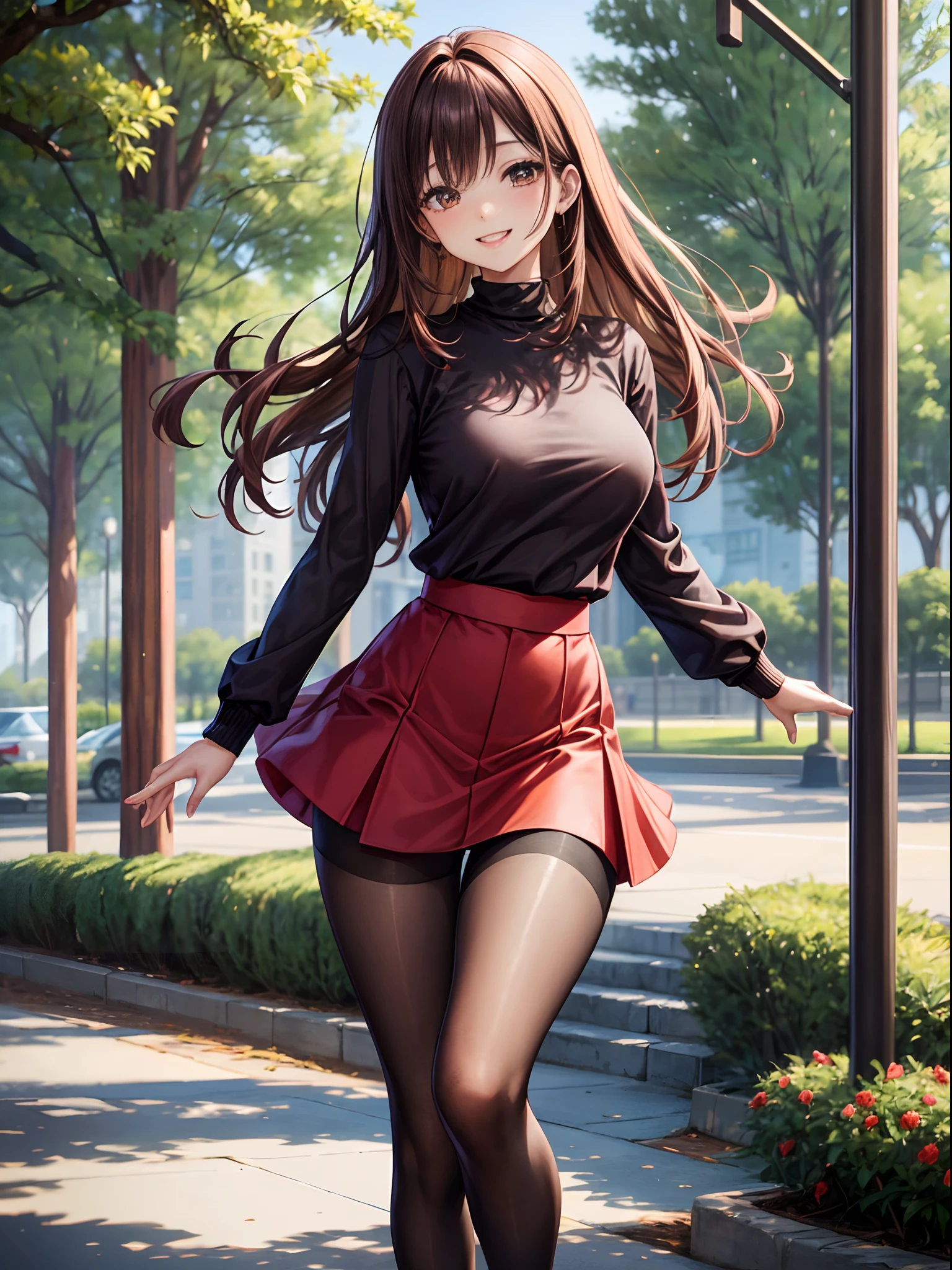 top-quality、Full limbs、complete fingers、Slender beauty、straight haired、Brown hair、((Black Long Sleeve Knit Top))、((Red Mini Flared Skirt))、Brown pantyhose、Beautiful Large Breasts、A big smile、a park、Frolicking