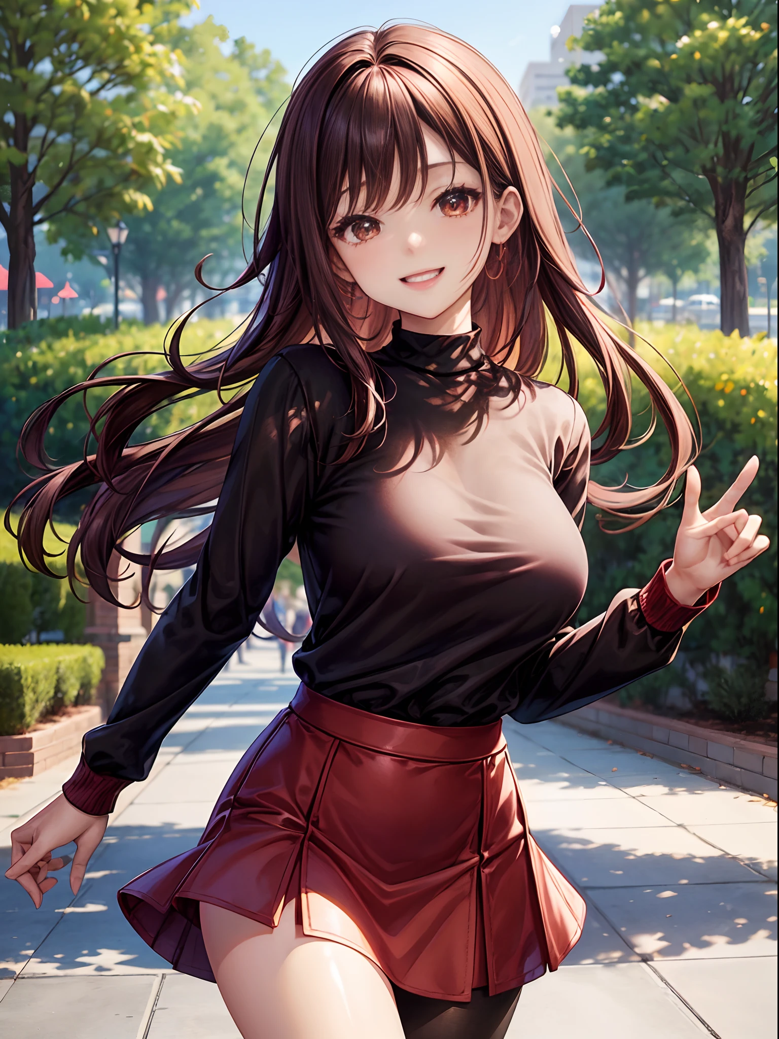 top-quality、Full limbs、complete fingers、Slender beauty、straight haired、Brown hair、((Black Long Sleeve Knit Top))、((Red Mini Flared Skirt))、Brown pantyhose、Beautiful Large Breasts、A big smile、a park、Frolicking