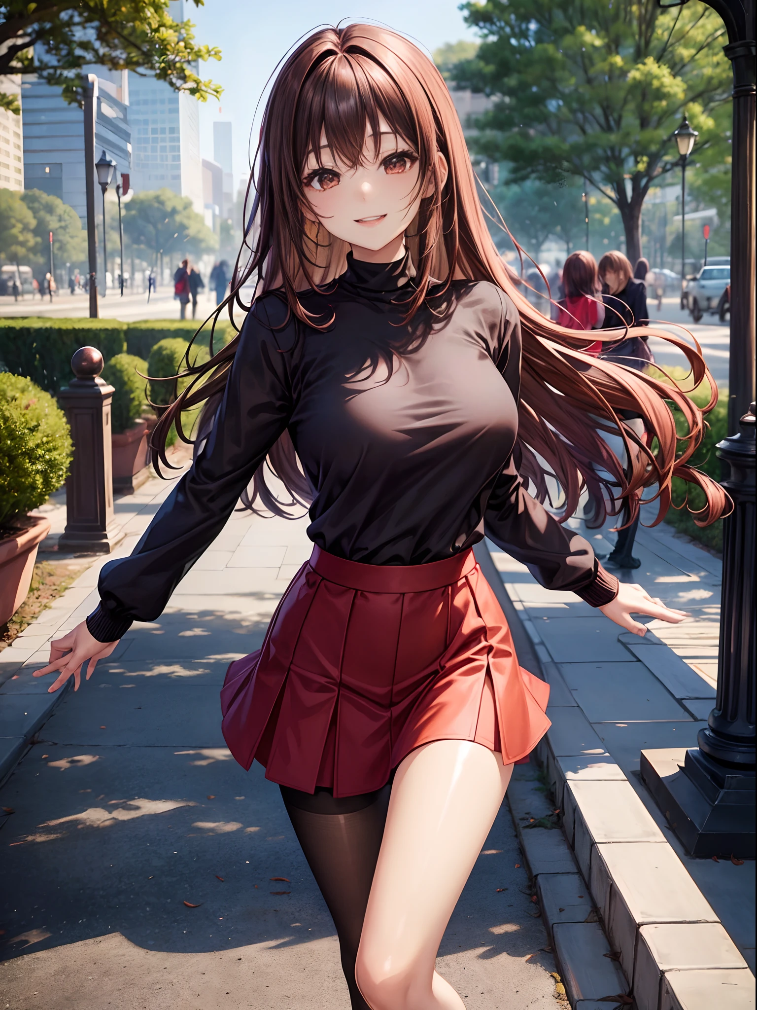 top-quality、Full limbs、complete fingers、Slender beauty、straight haired、Brown hair、((Black Long Sleeve Knit Top))、((Red Mini Flared Skirt))、Brown pantyhose、Beautiful Large Breasts、A big smile、a park、Frolicking