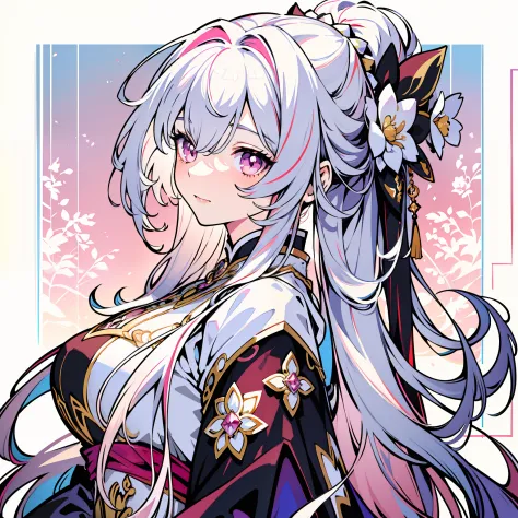 masterpiece, bestquality, official art, high-detail, illustration,
1 girl, Upper body, detailed eyes, Light pink eyes,
Hanfu pink gradient, Intricate patterns, luxury dress, Dynamic Poses,
(Long rainbow hair:1.1), (White Hair:1.2), floating hair, Light pin...