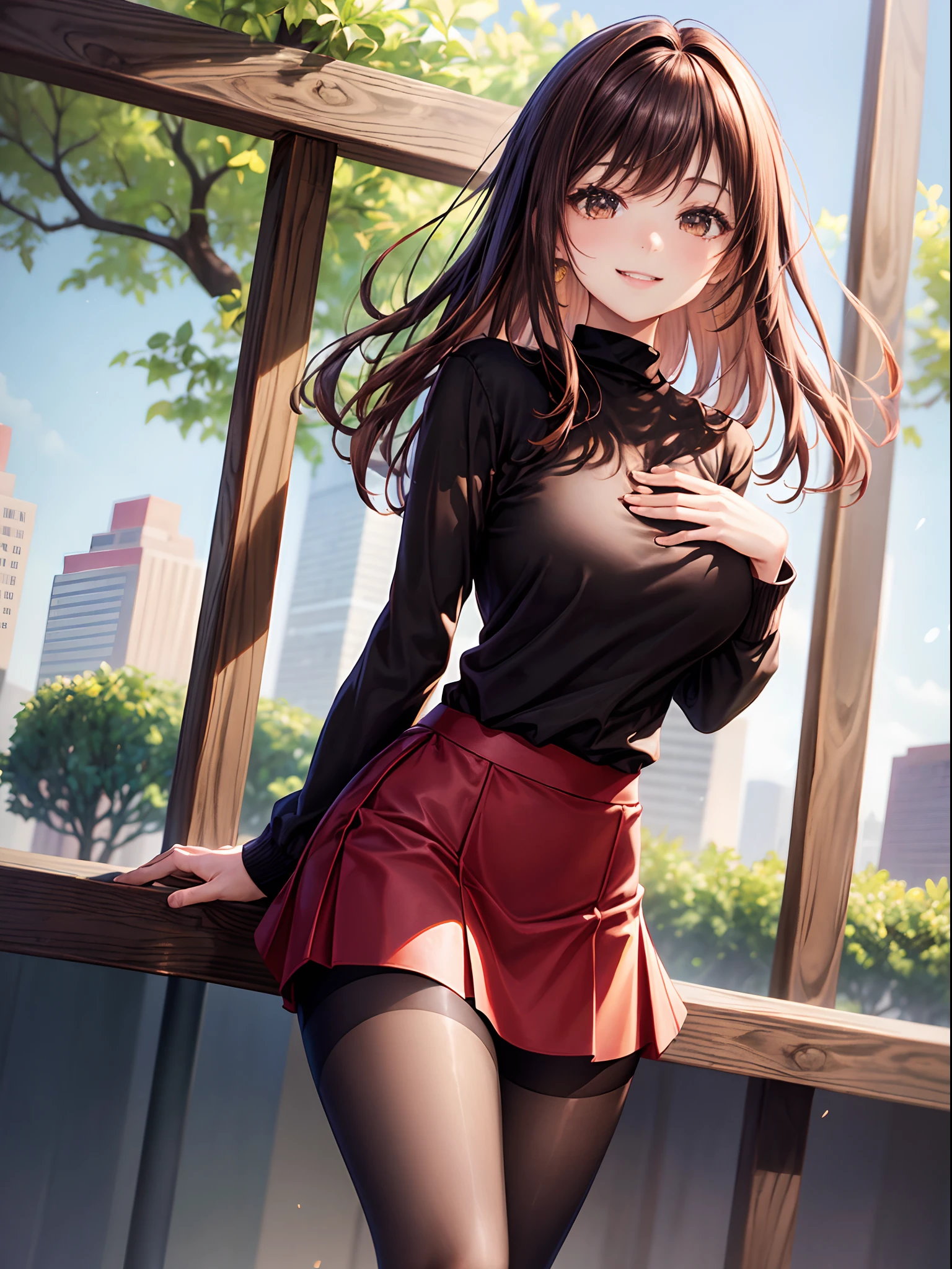 top-quality、Full limbs、complete fingers、Slender beauty、straight haired、Brown hair、((Black Long Sleeve Knit Top))、((Red Mini Flared Skirt))、Brown pantyhose、Beautiful Large Breasts、a park、A big smile