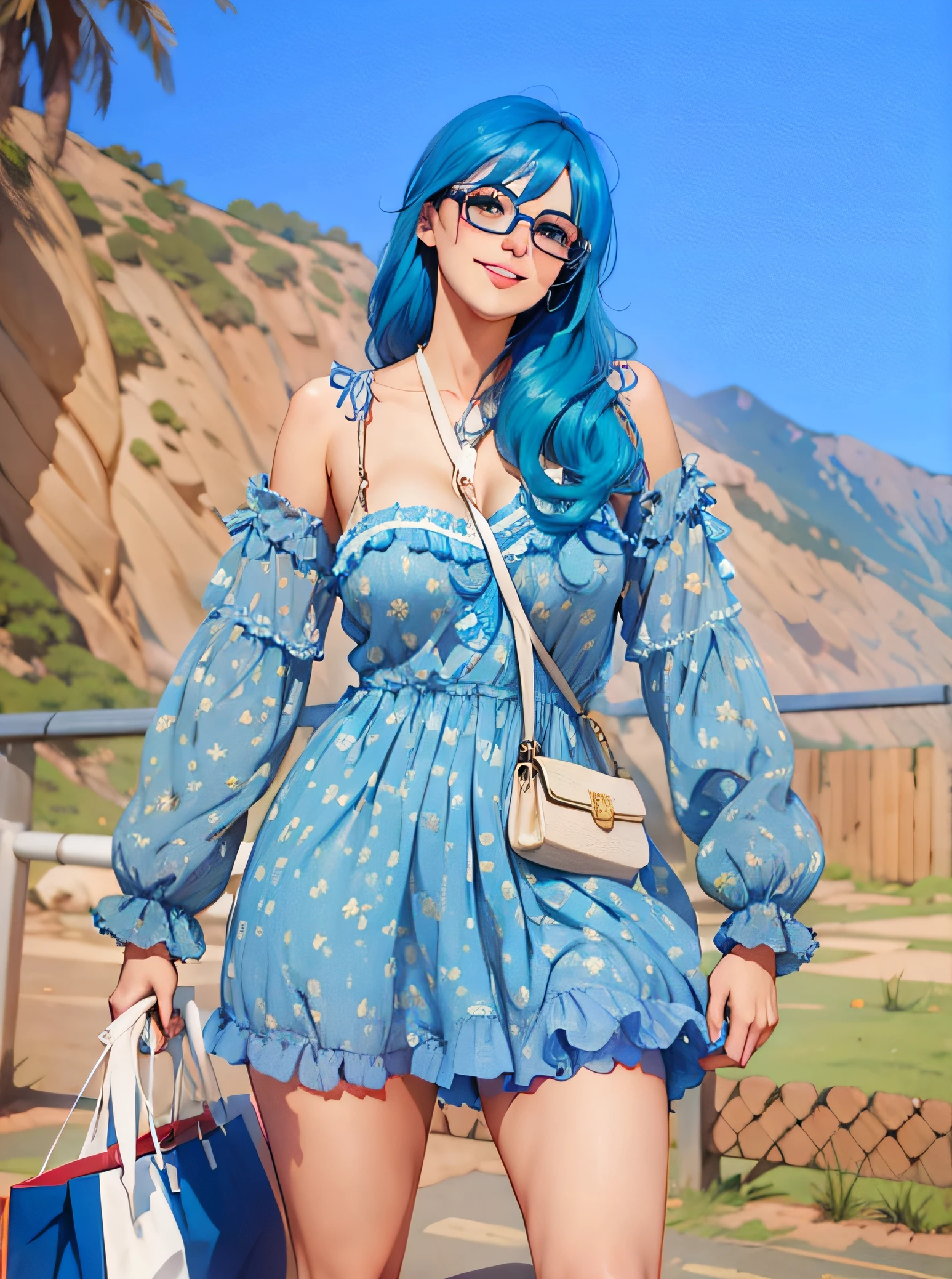 fille, Cheveux bleus, porter des lunettes, porter une mini robe bleue, souriant