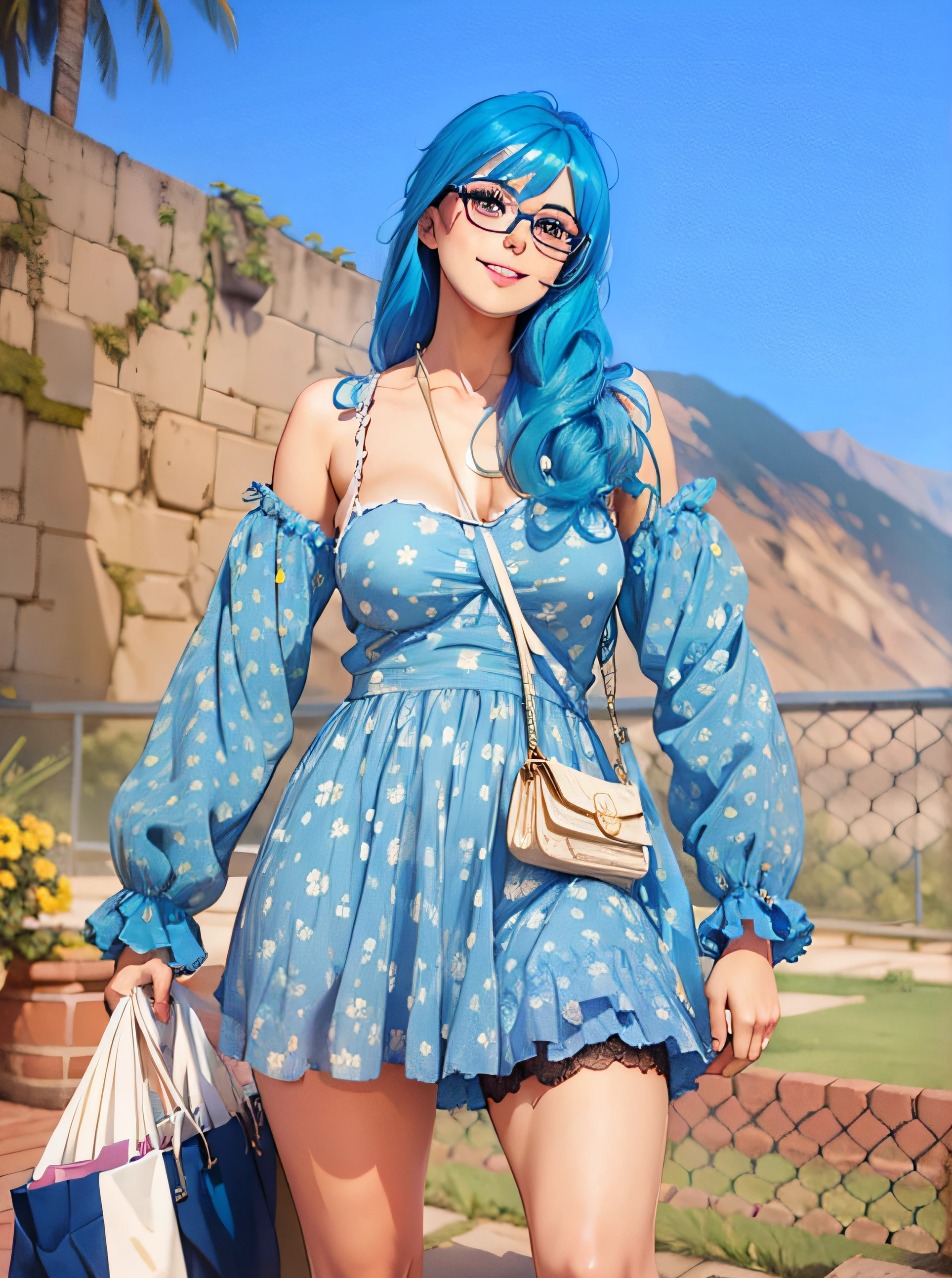 girl, blue hair, wear glasses, wear blue mini dress, smiling