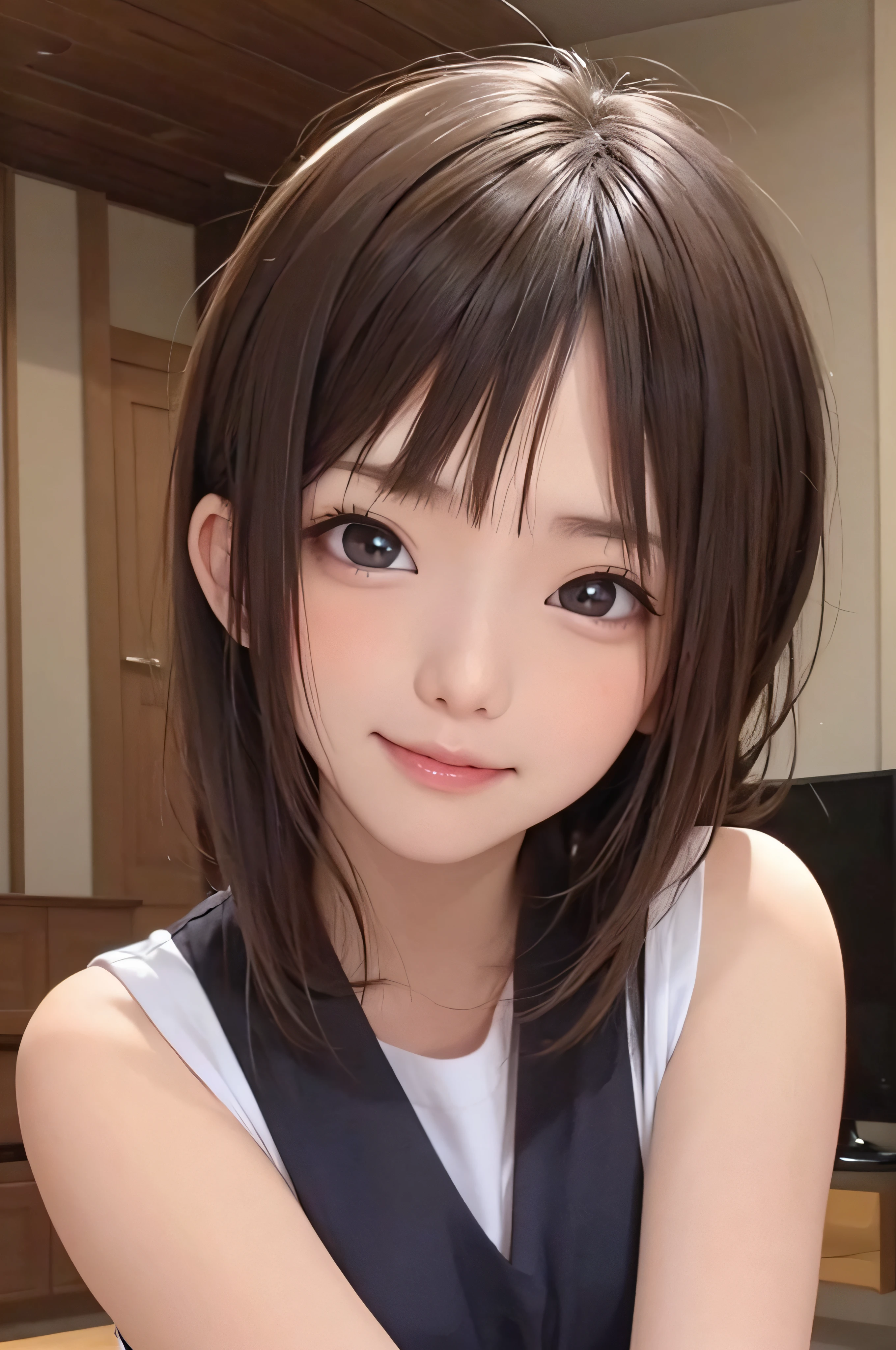 14years、brown haired、beautidful eyes、real looking skin、hi-school girl、small tits、(8K、​masterpiece)、(reallistic、Photorealsitic)、top-quality、ighly detailed、The ultra-detailliert、Beautie、cute little、japanes、idol、a smile、Close-up portrait、Healthy face、Realistic pupils