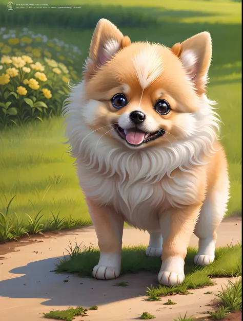 Pomeranian puppy, Playing with a ball in the countryside, adorable digital painting, cute detailed digital art, cute digital art, painting of cute dog, realistic illustration, pomeranian, cute dog, fan art, digital painting highly detailed, detailed digita...