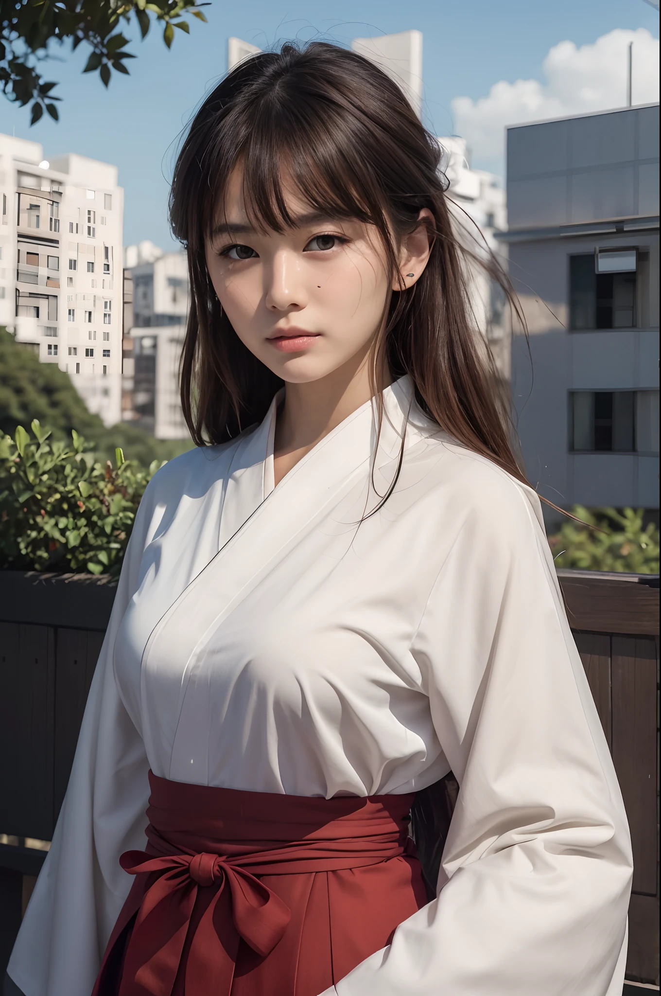 beautiful woman, brown hair, has a cut on her face,white kimono and red,brown eyes,white band behind the head