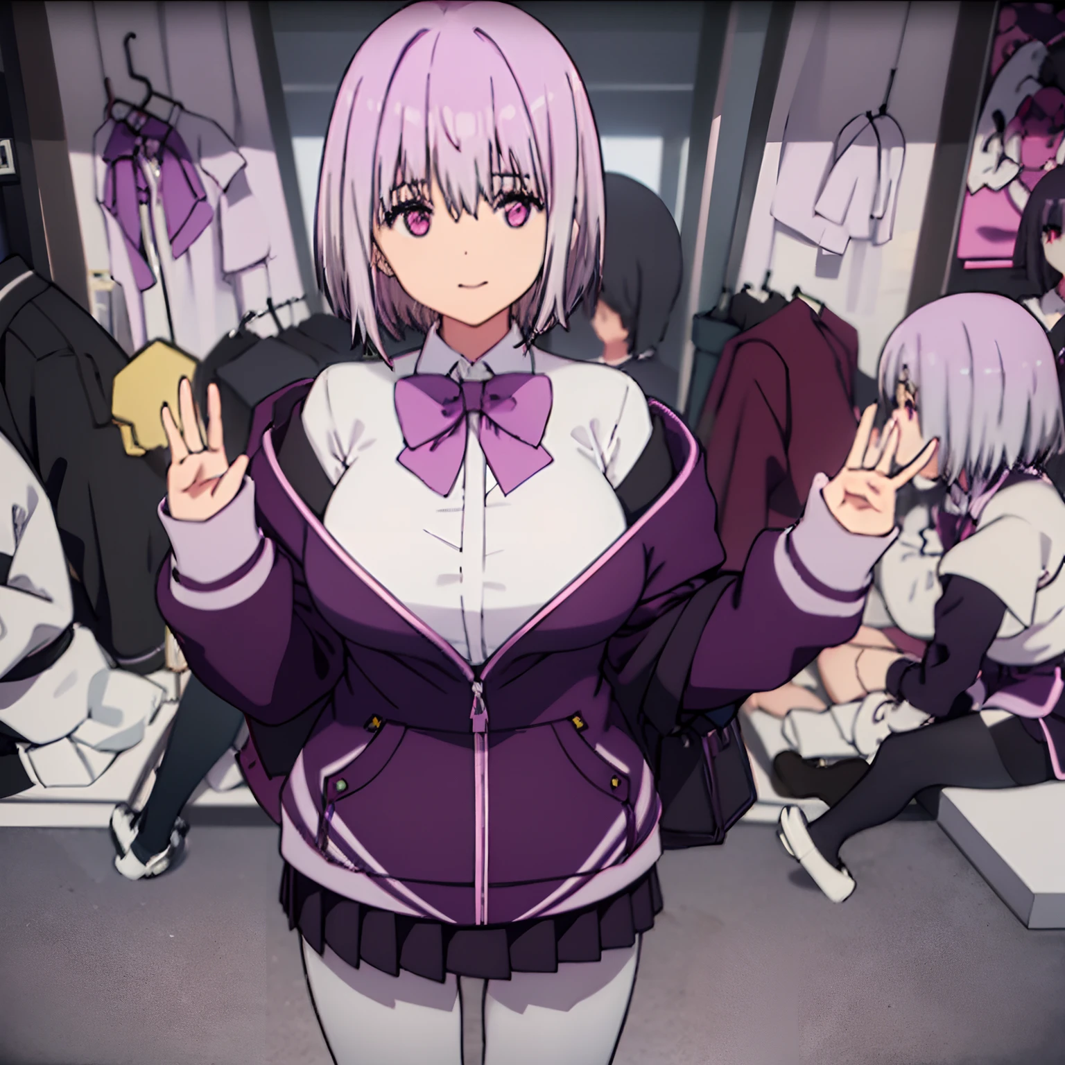 upperbody, huge , akane, light purple hair, pink eyes, short hair, black pantyhose, bow, collared shirt, hood, hooded jacket, jacket, open clothes, open jacket, open shirt, pantyhose, purple bow, purple jacket, , shirt, white shirt,