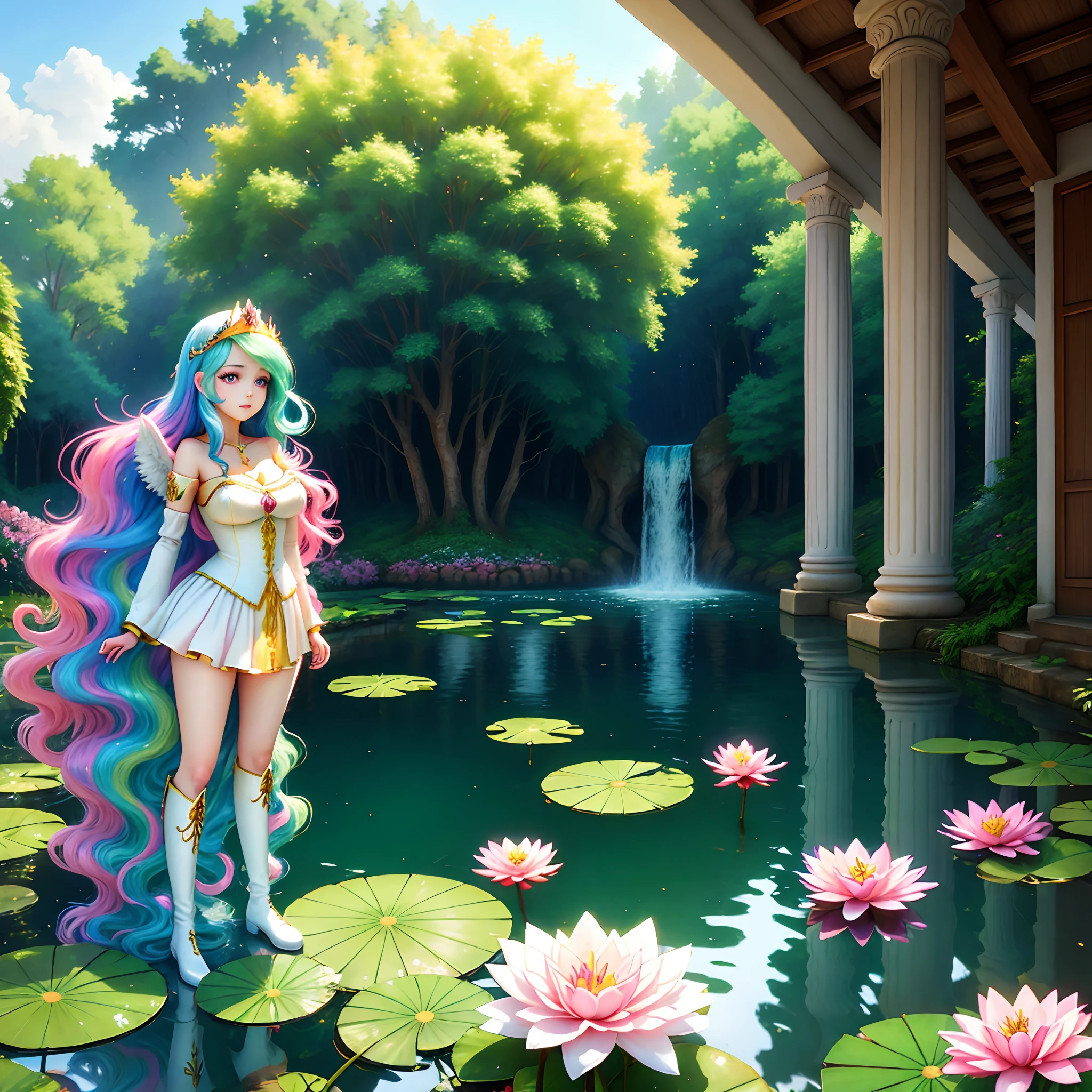 Celestia, celestia from my little pony, celestia in the form of a girl, long wavy hair, pink eyes, lush breast, greek columns, outside, beautiful majestic forest, vine leafs surrounding the columns, bush of flowers everywhere, wear a white goddess dress, knee high boot, white angelic wings, white pony ears, clear sky, bright sunny day, water fall, river, water reflection, lily pads, heavenly forest, long beautiful greek dress