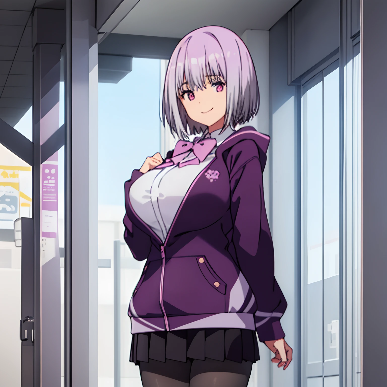 upper body, huge , solo, akane, light purple hair, pink eyes, short hair, black pantyhose, bow, collared shirt, hood, hooded jacket, open clothes, open shirt, pantyhose, purple bow, purple jacket, , shirt, white shirt, (close up), smile, random pose,