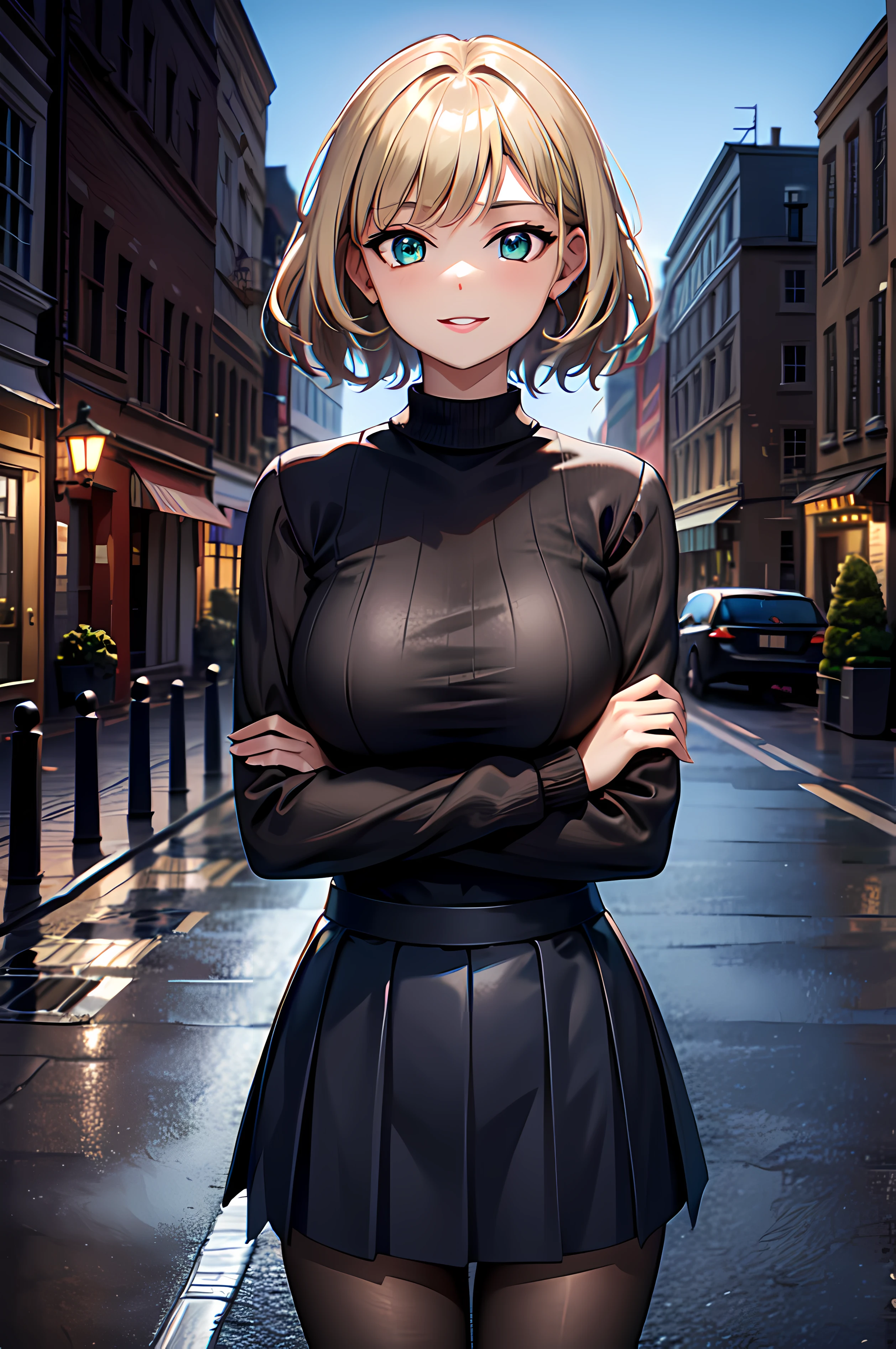 Best quality, masterpiece, high resolution, 8k, ultrasharp, 1girl, 17 year old girl, looking at viewer, standing straight, crossed arms, big boobs, absurdness, cute face, lips and nose, smiling, pale blue-green eyes, short blonde hair, wearing dark brown sweater, black pleated cheer skirt, black stockings, a watch, standing in a urban city, high resolution, best quality, 4k, 8k, ultrasharp, high quality