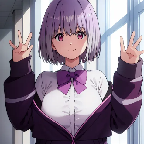 upper body, huge tits, (solo), akane, light purple hair, pink eyes, short hair, black pantyhose, bow, collared shirt, hood, hooded jacket, open clothes, open shirt, pantyhose, purple bow, purple jacket, school uniform, shirt, white shirt, (close up), smile...