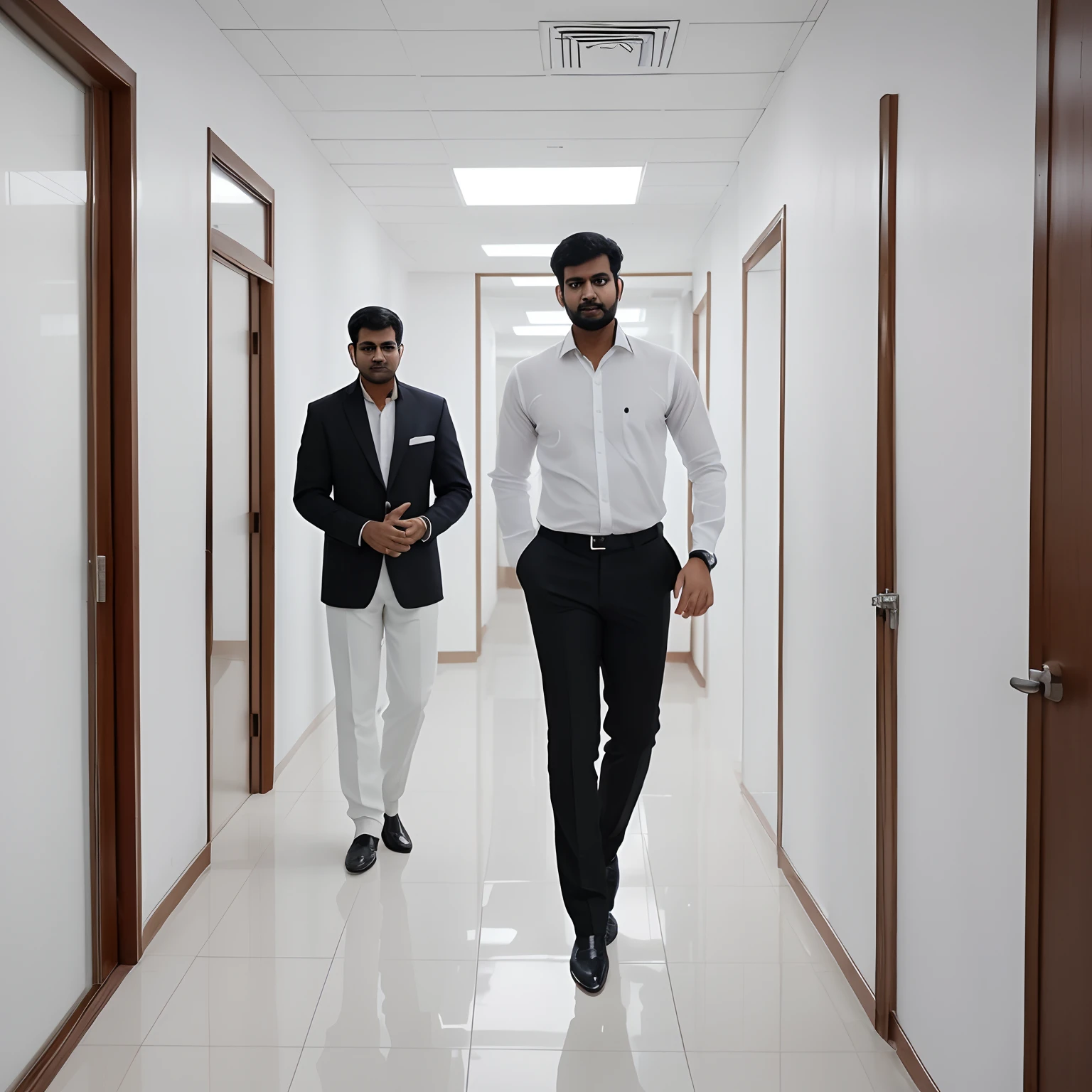 Homens indianos que trabalham em escritório caminhando do lado direito em  direção a uma porta com